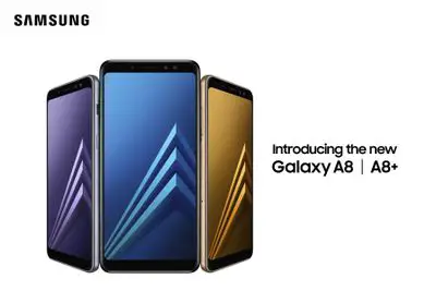 Smartphones Samsung Galaxy A8 e A8 + lado a lado em várias cores