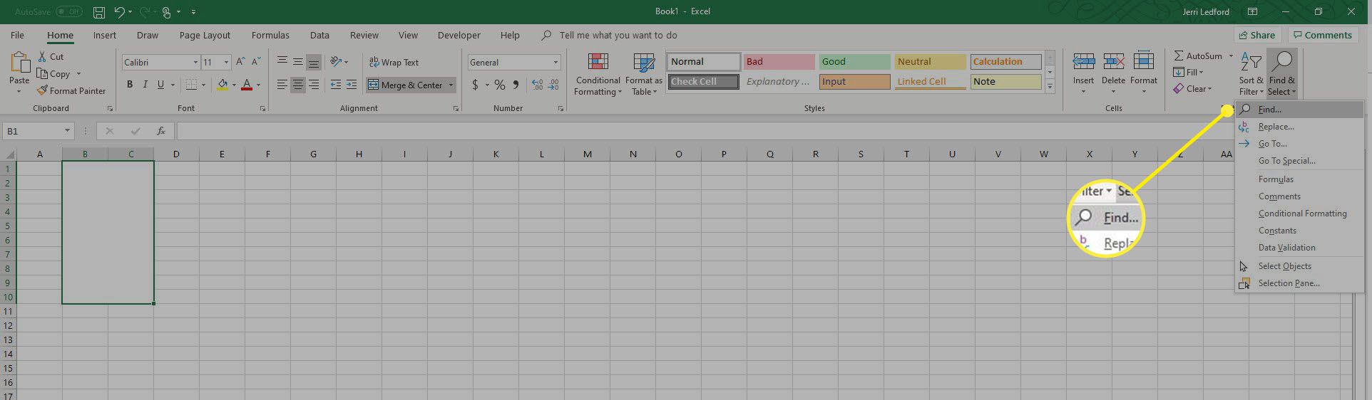 A opção Localizar no menu Localizar e selecionar do Microsoft Excel.