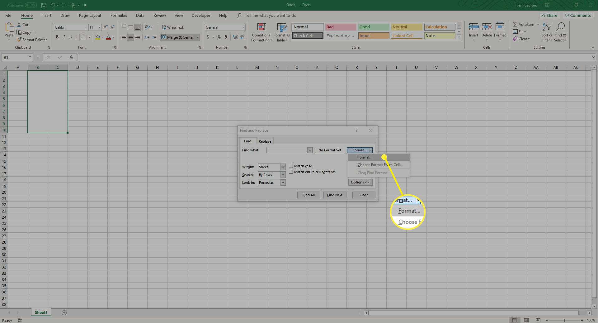 A opção Formatar no menu Localizar e substituir no Excel.