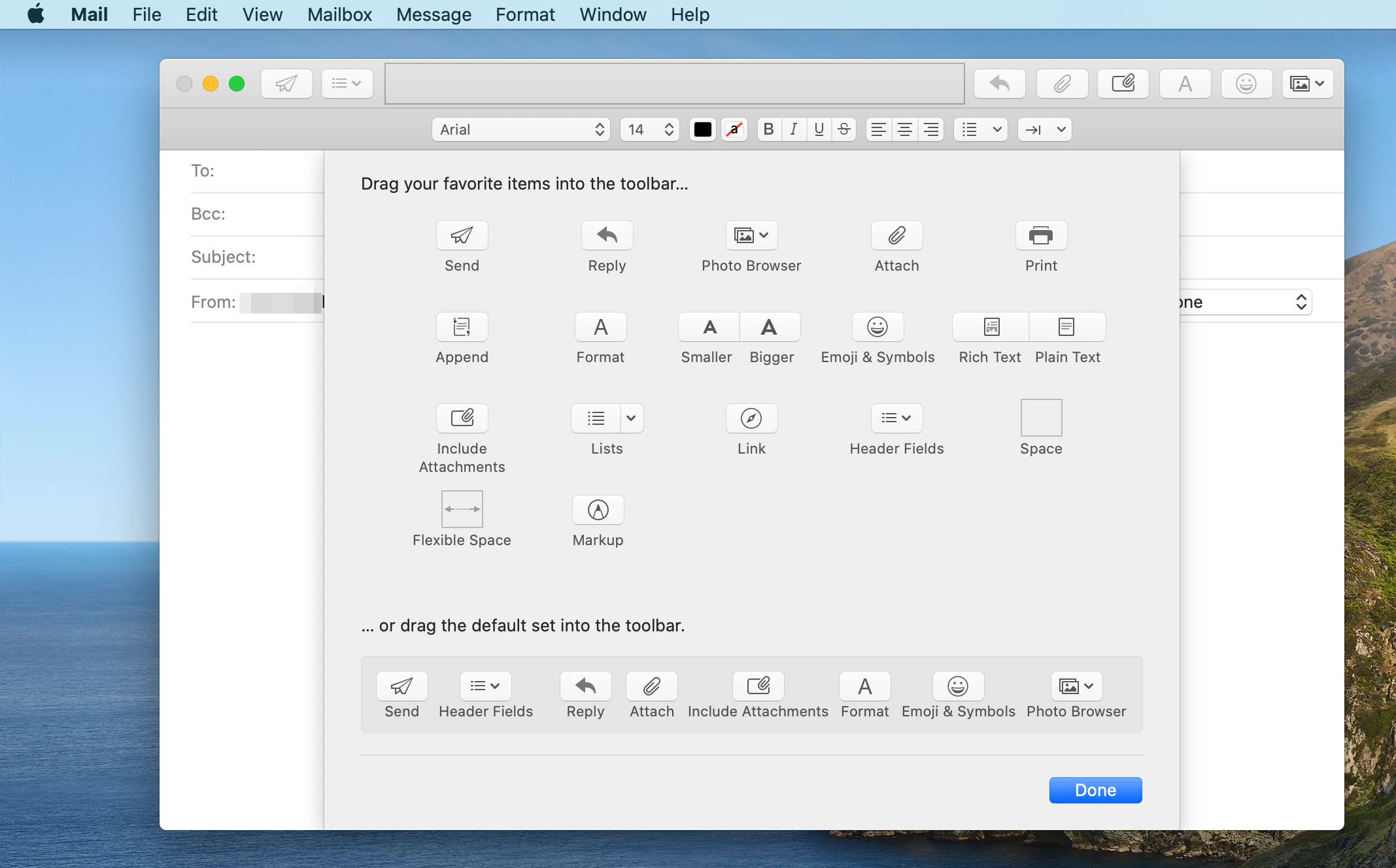 Janela da barra de ferramentas para novas mensagens no Mac Mail