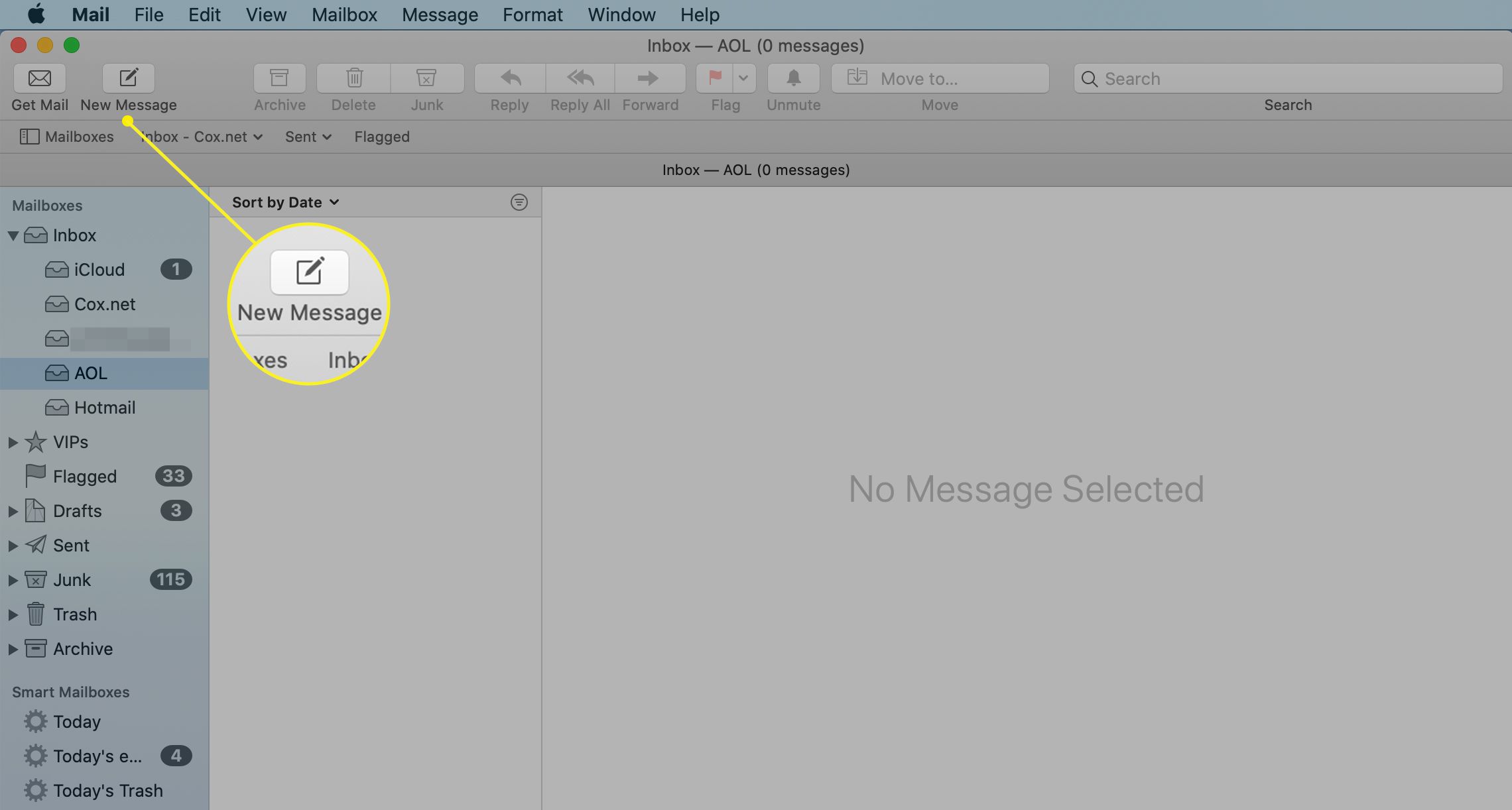 Ícone de nova mensagem no aplicativo Mac Mail