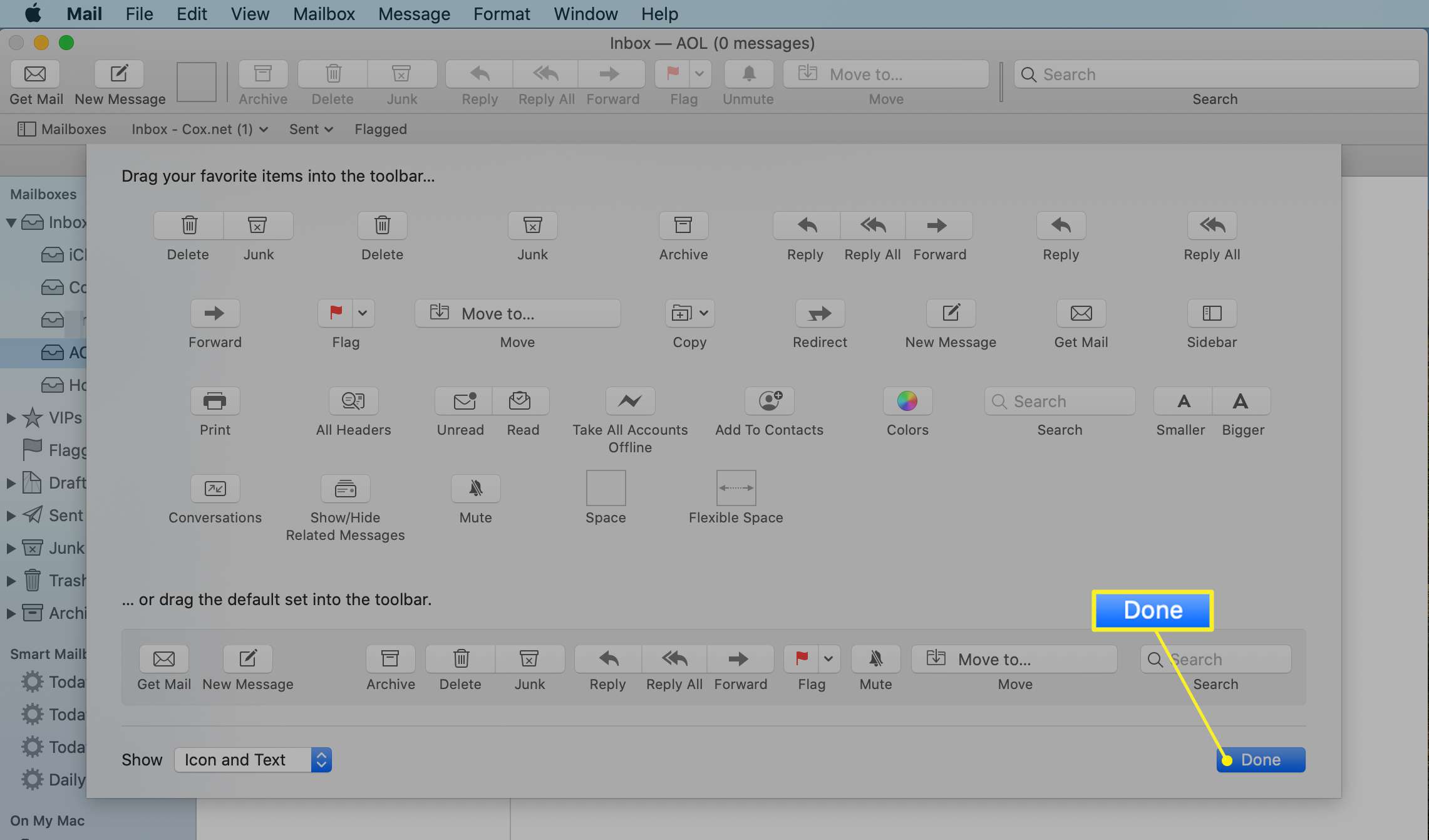 O botão Concluído realçado na janela da barra de ferramentas personalizada do Mac Mail