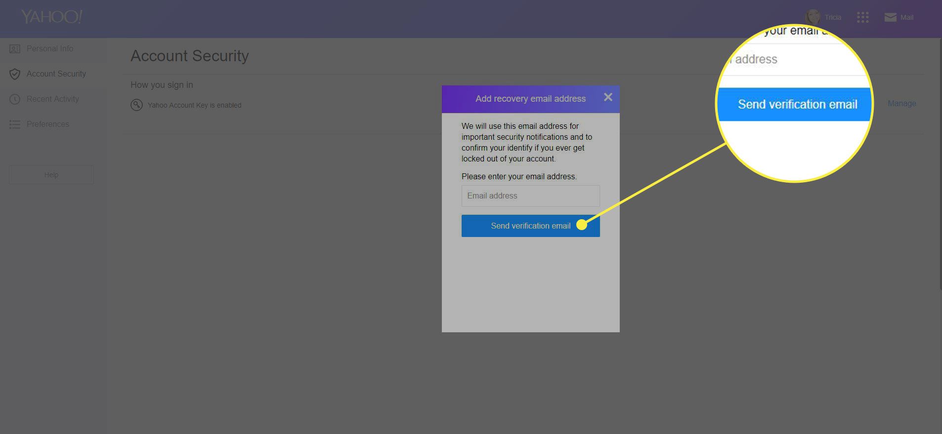 Uma captura de tela da tela de Segurança da conta do Yahoo com o "Enviar Email de Verificação" botão destacado