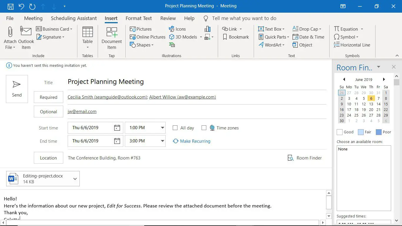 Um novo convite de reunião no Outlook com um arquivo anexado