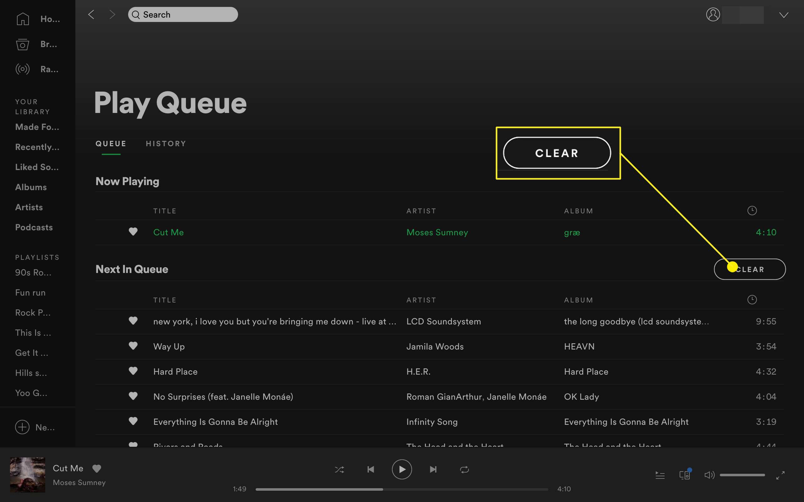 Botão Limpar fila no aplicativo de desktop Spotify