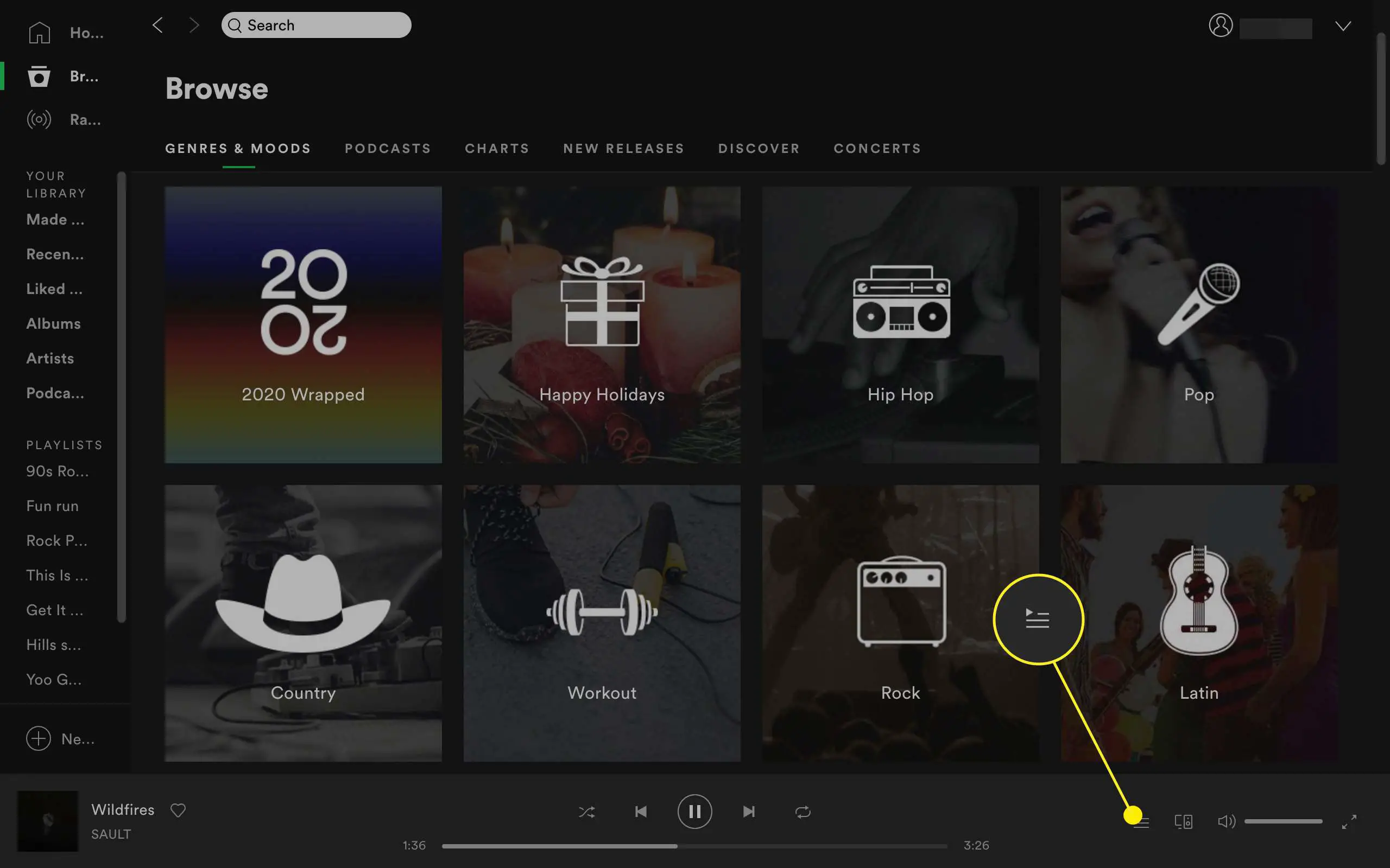 Barra de reprodução e botão de fila no aplicativo Spotify para desktop