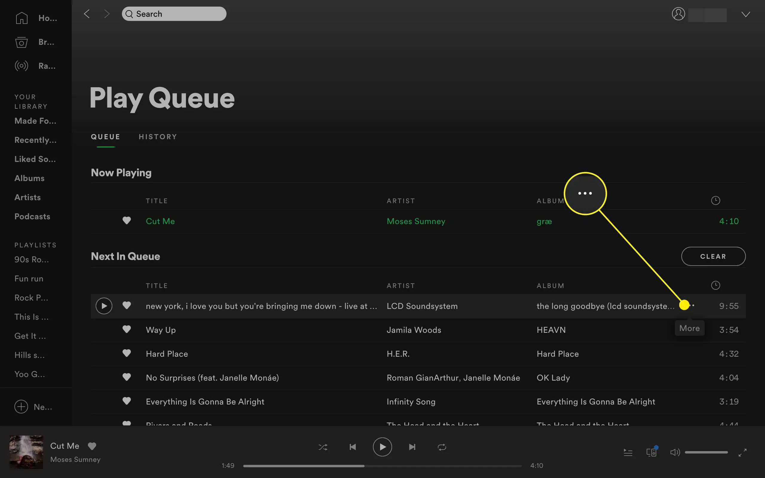 Mais opções em uma faixa selecionada no desktop Spotify