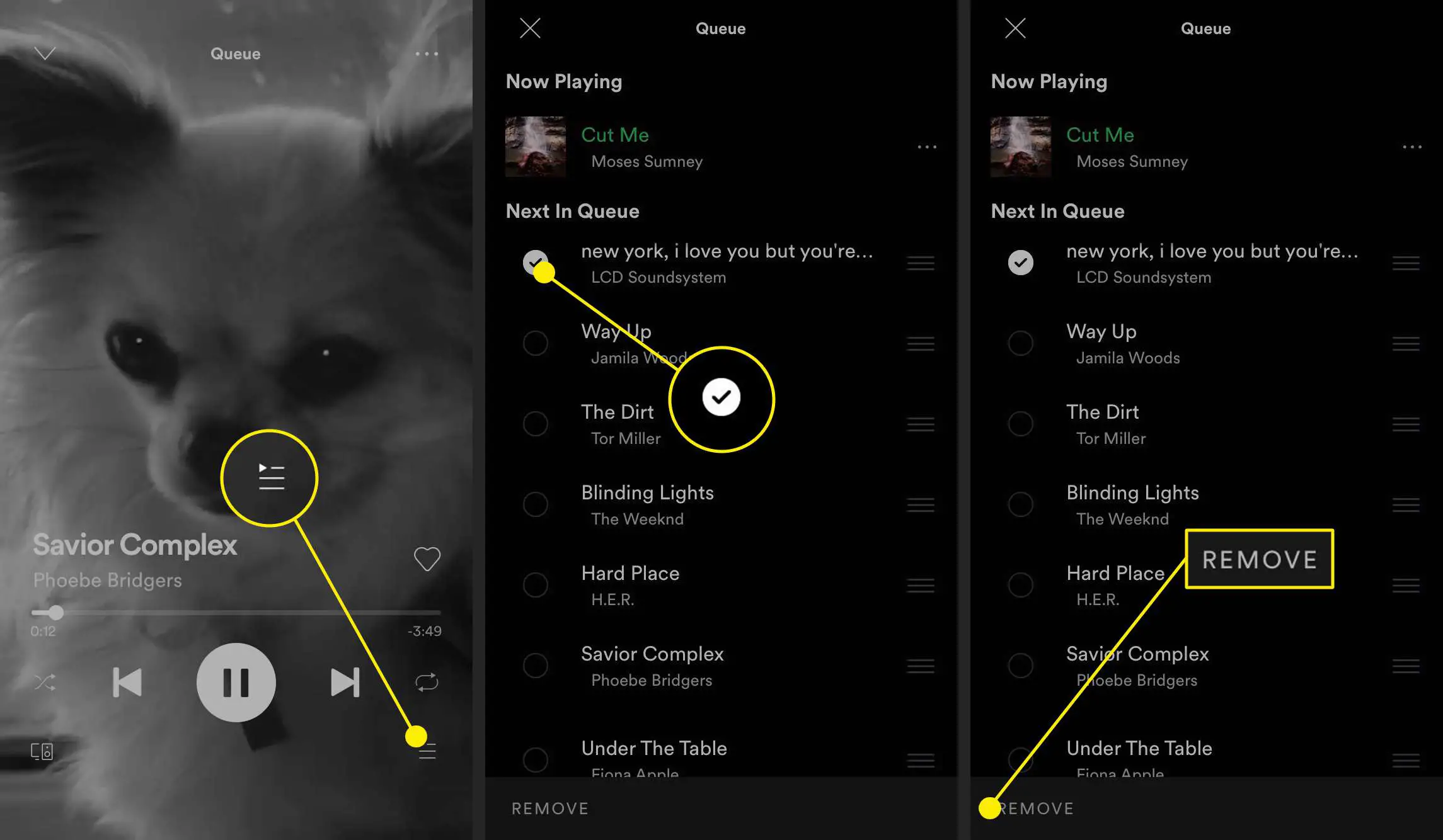 Capturas de tela mostrando como remover itens individuais da fila no Spotify.