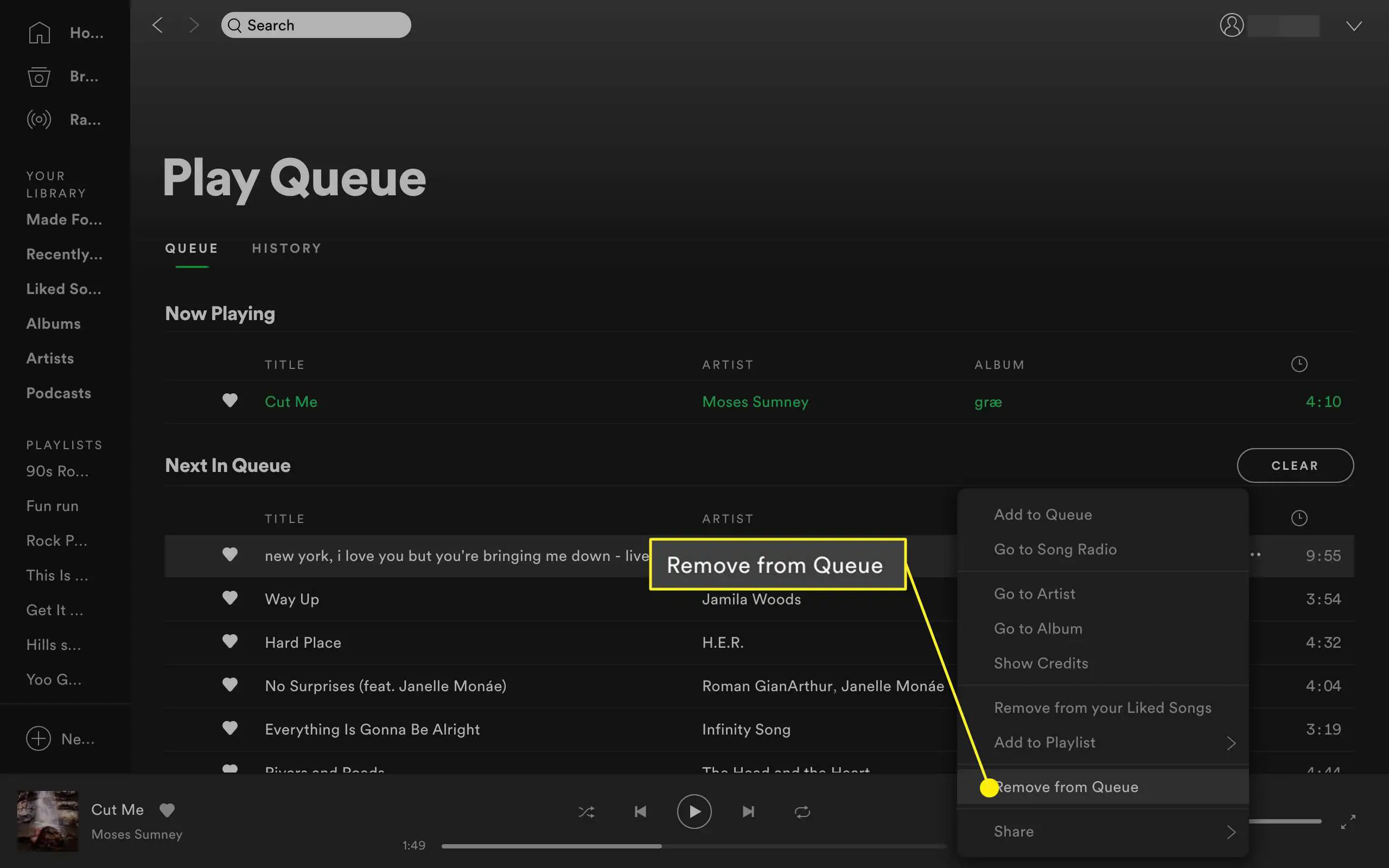 Remover trilha da fila da área de trabalho do Spotify