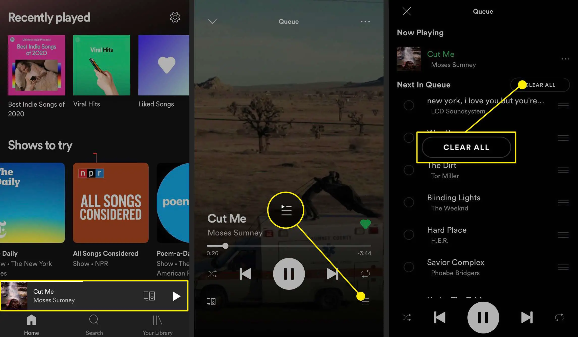Capturas de tela mostrando como limpar a fila no Spotify Mobile.