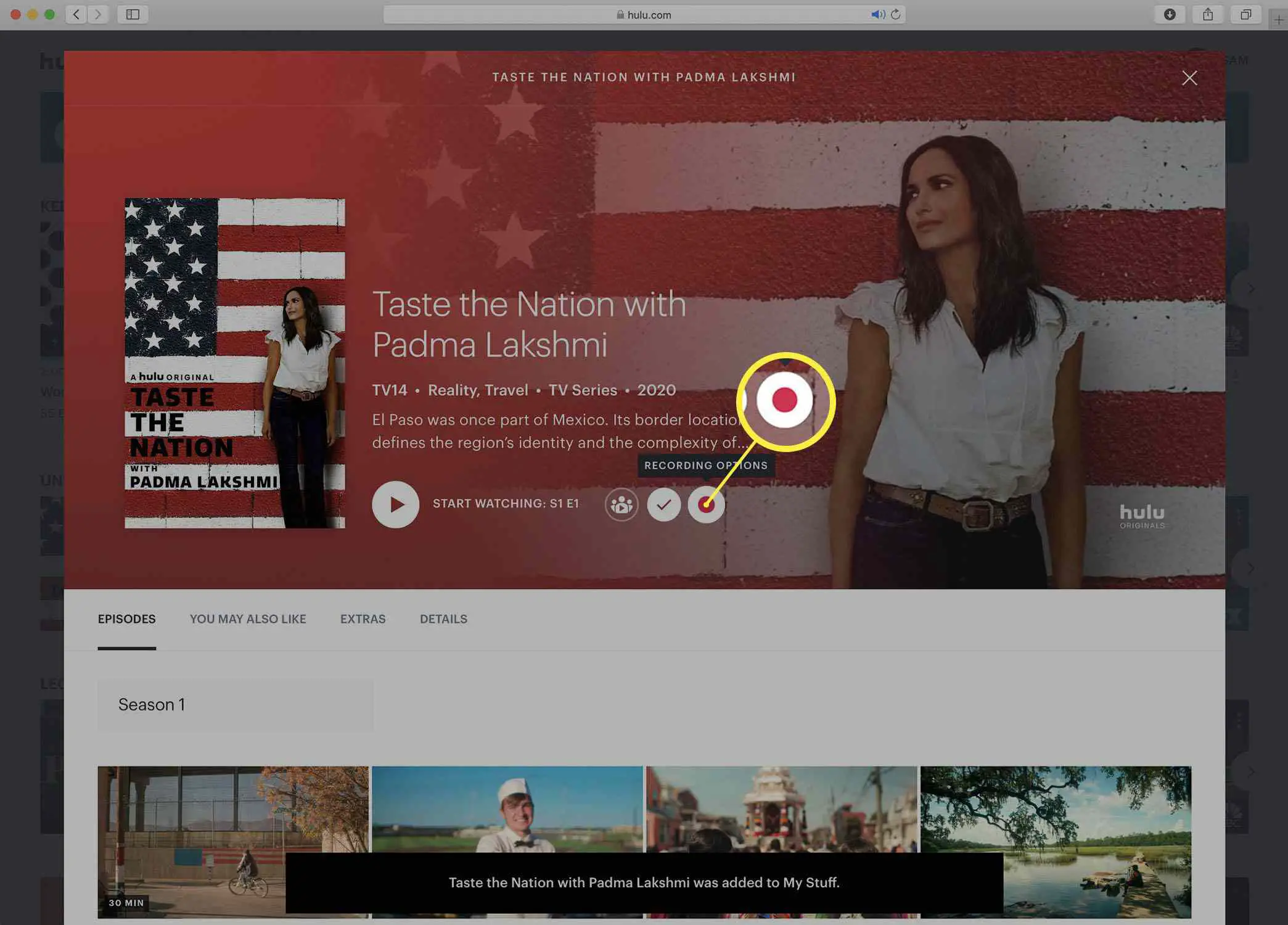 Captura de tela da página de detalhes da série Hulu com a opção Registro visível.