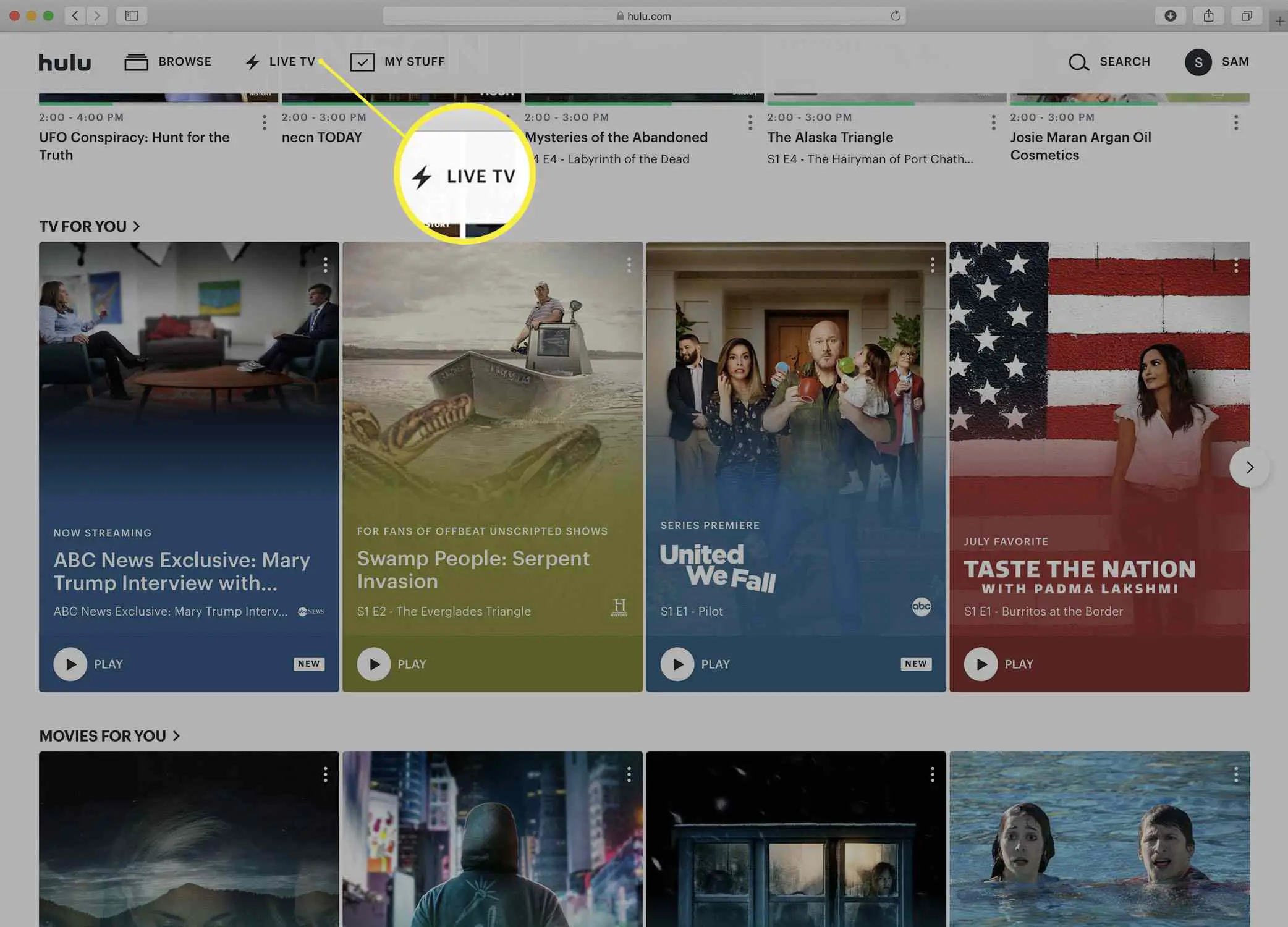Captura de tela da página inicial do Hulu.