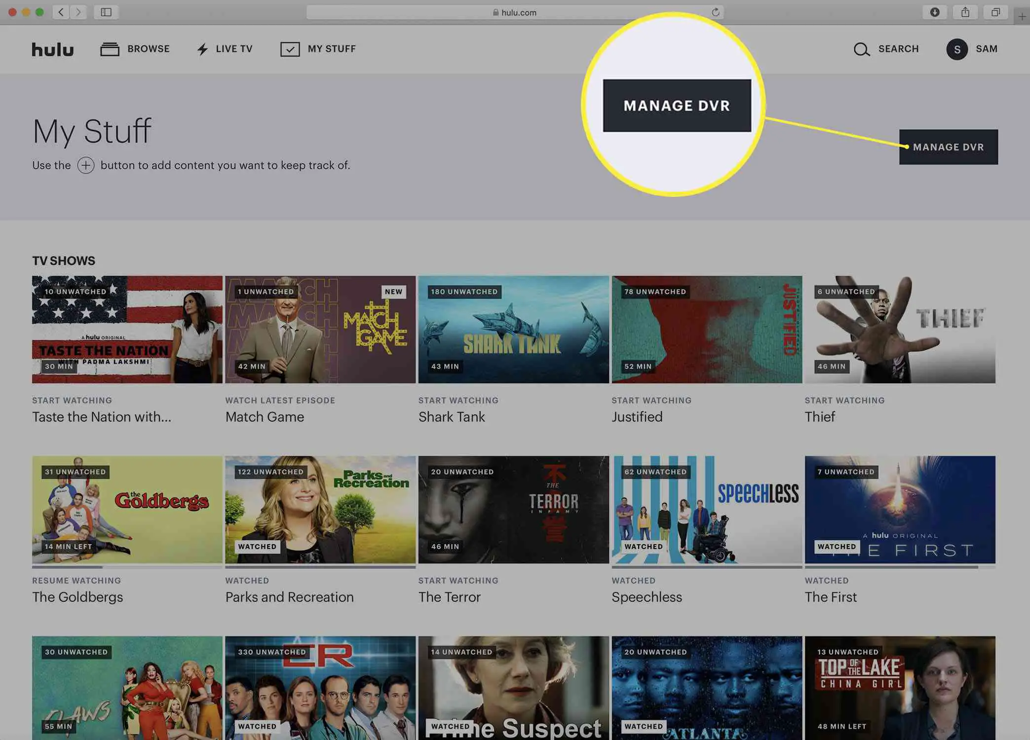 Captura de tela da página Minhas coisas do Hulu.
