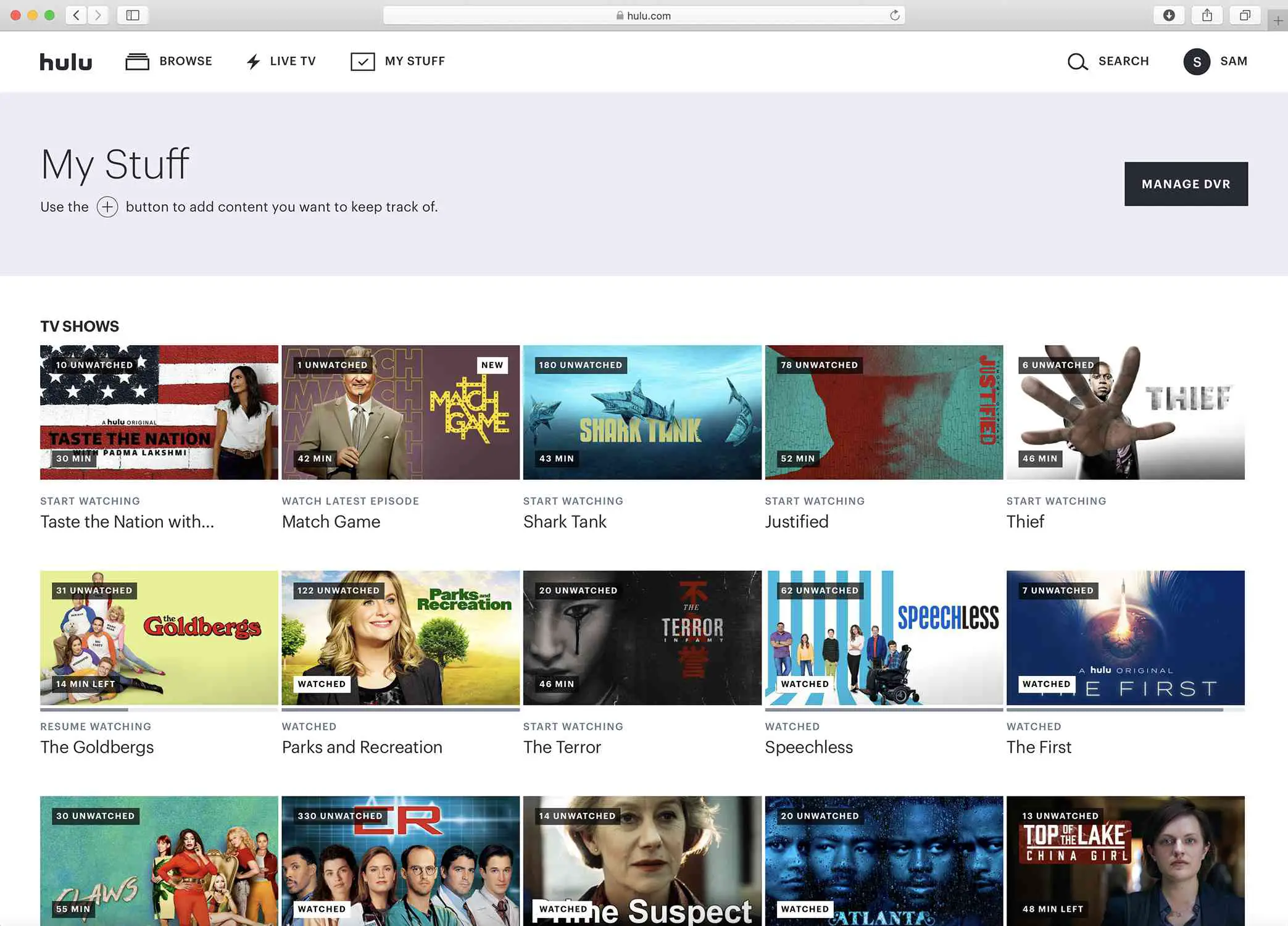 Captura de tela da página Minhas coisas do Hulu