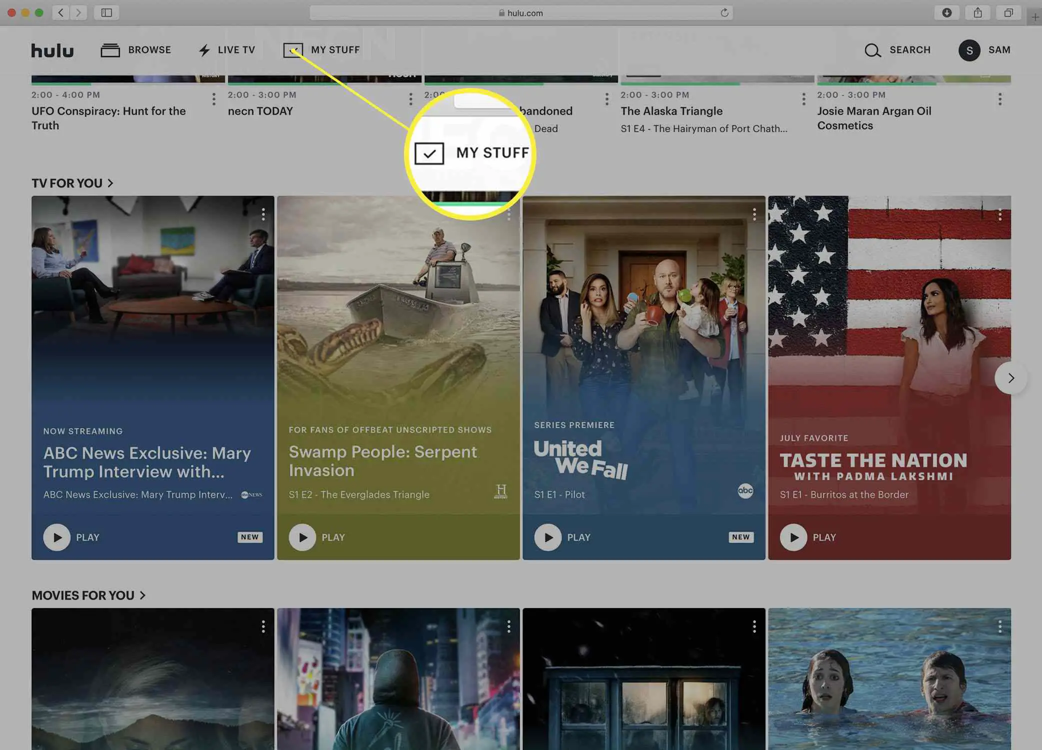 Captura de tela da página inicial do Hulu.