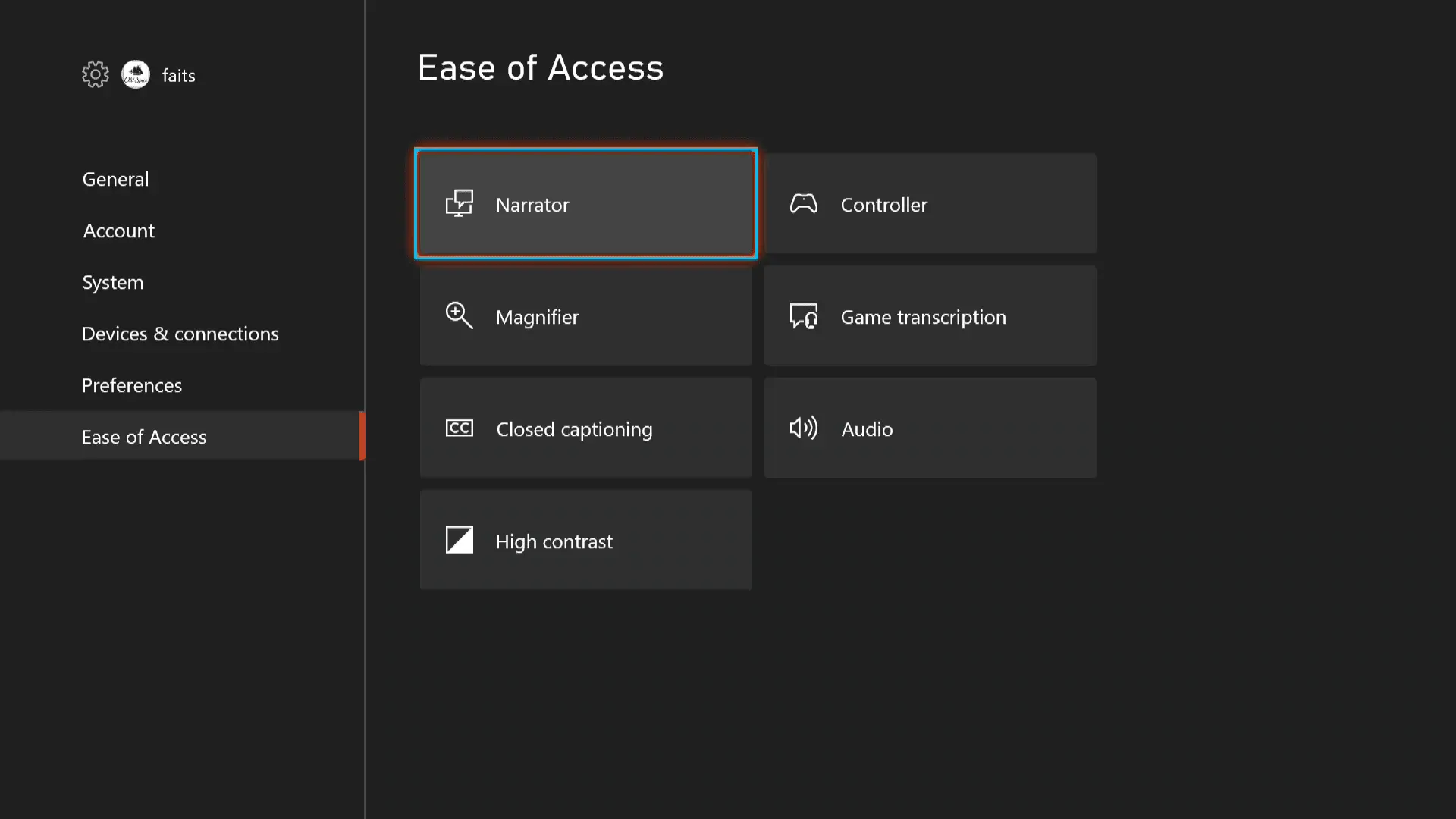 Configurações de facilidade de acesso no Xbox Series X | S com o narrador ligado.