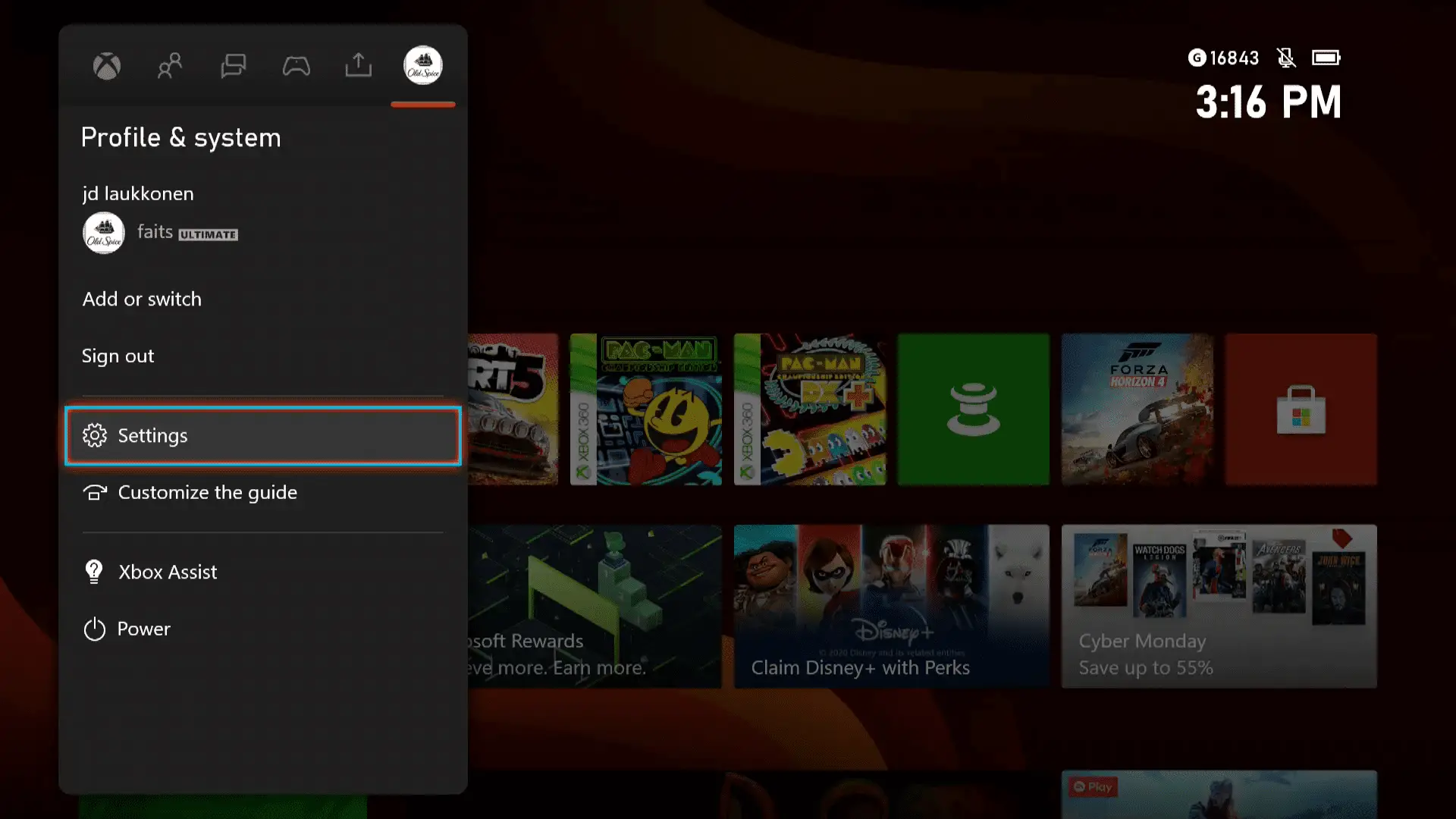 Perfil e sistema no Xbox Series X | S com narrador ativado.
