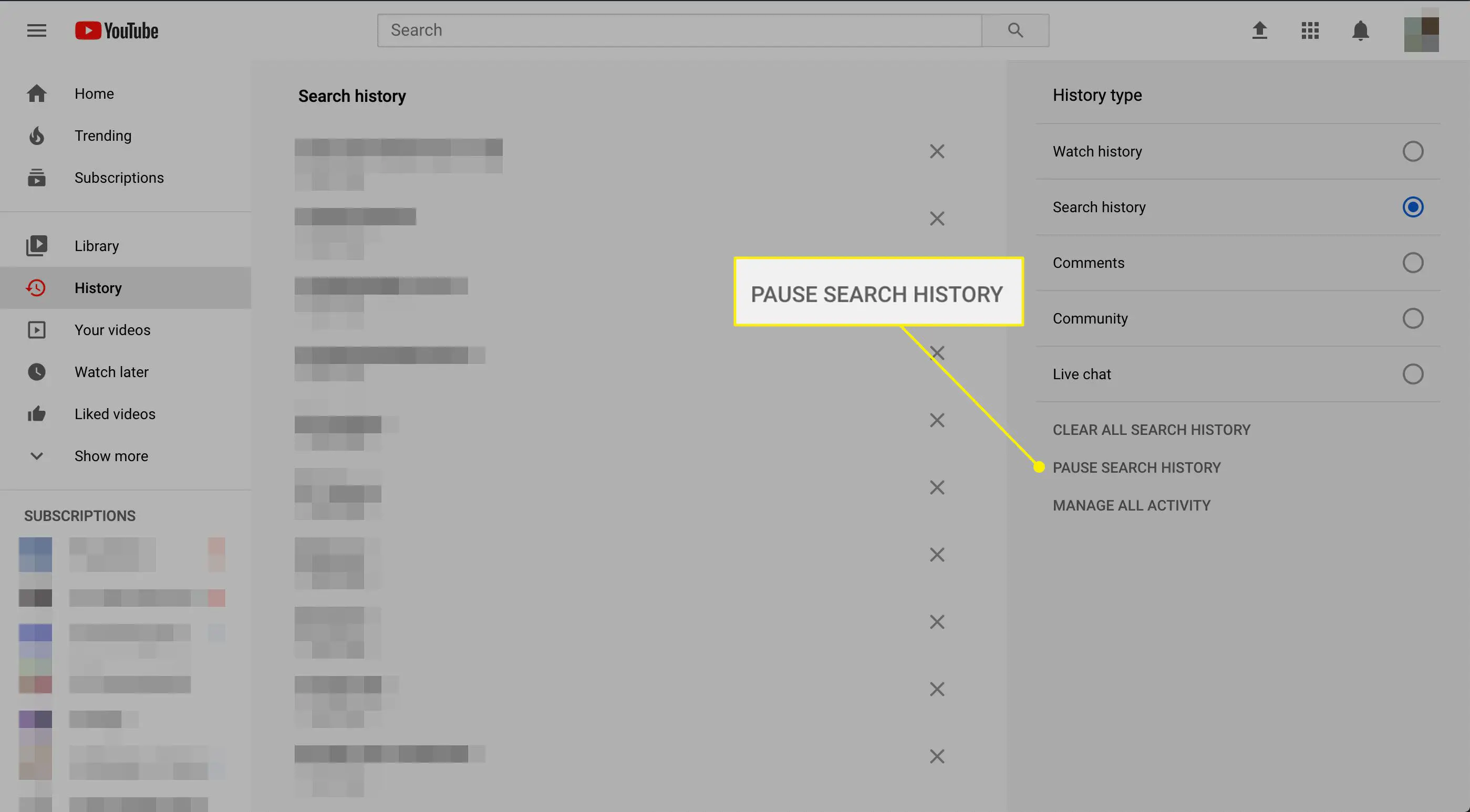 O comando "Pausar histórico de pesquisa" no YouTube.com