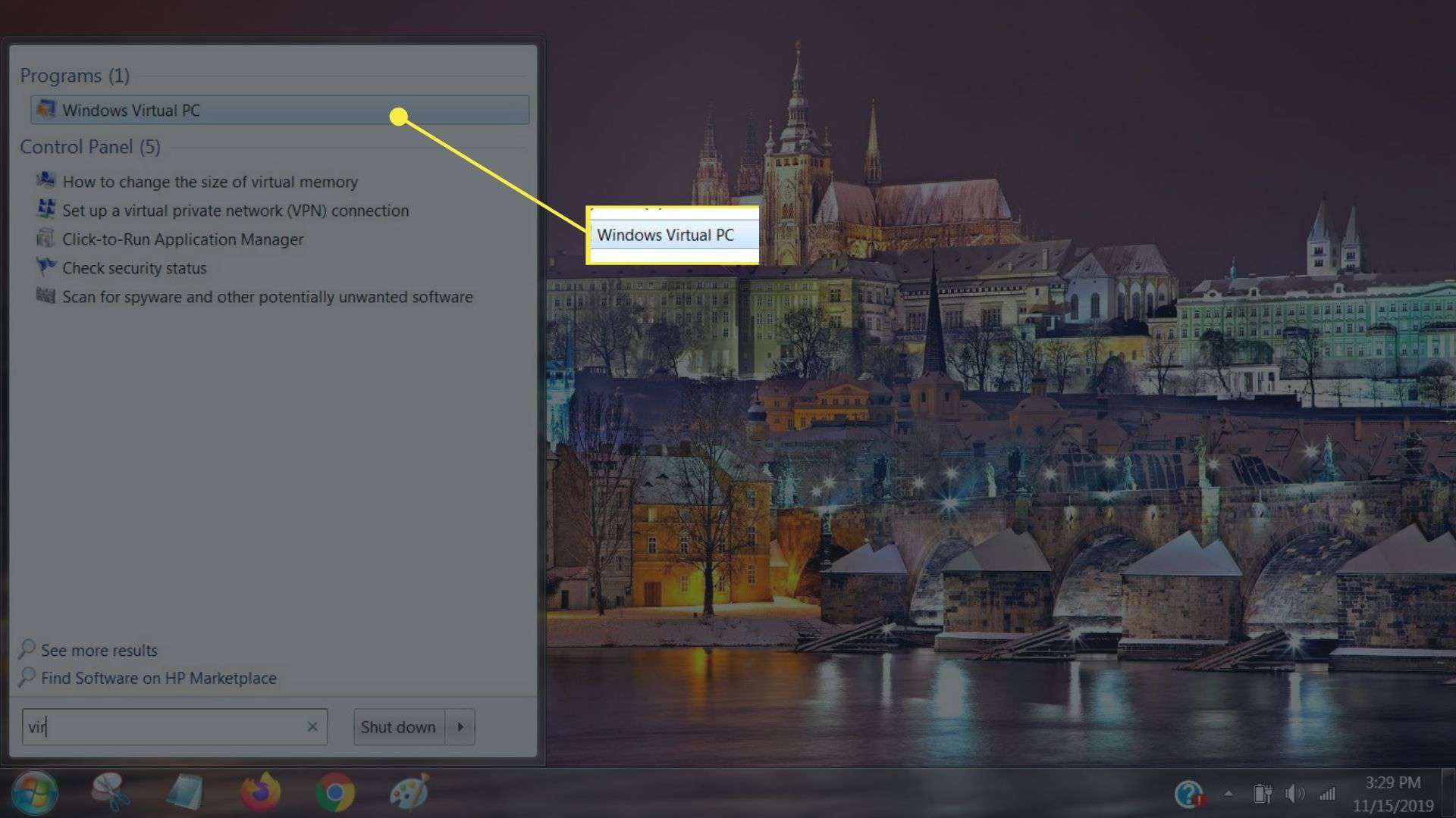 Windows Virtual PC nos resultados da pesquisa do menu Iniciar