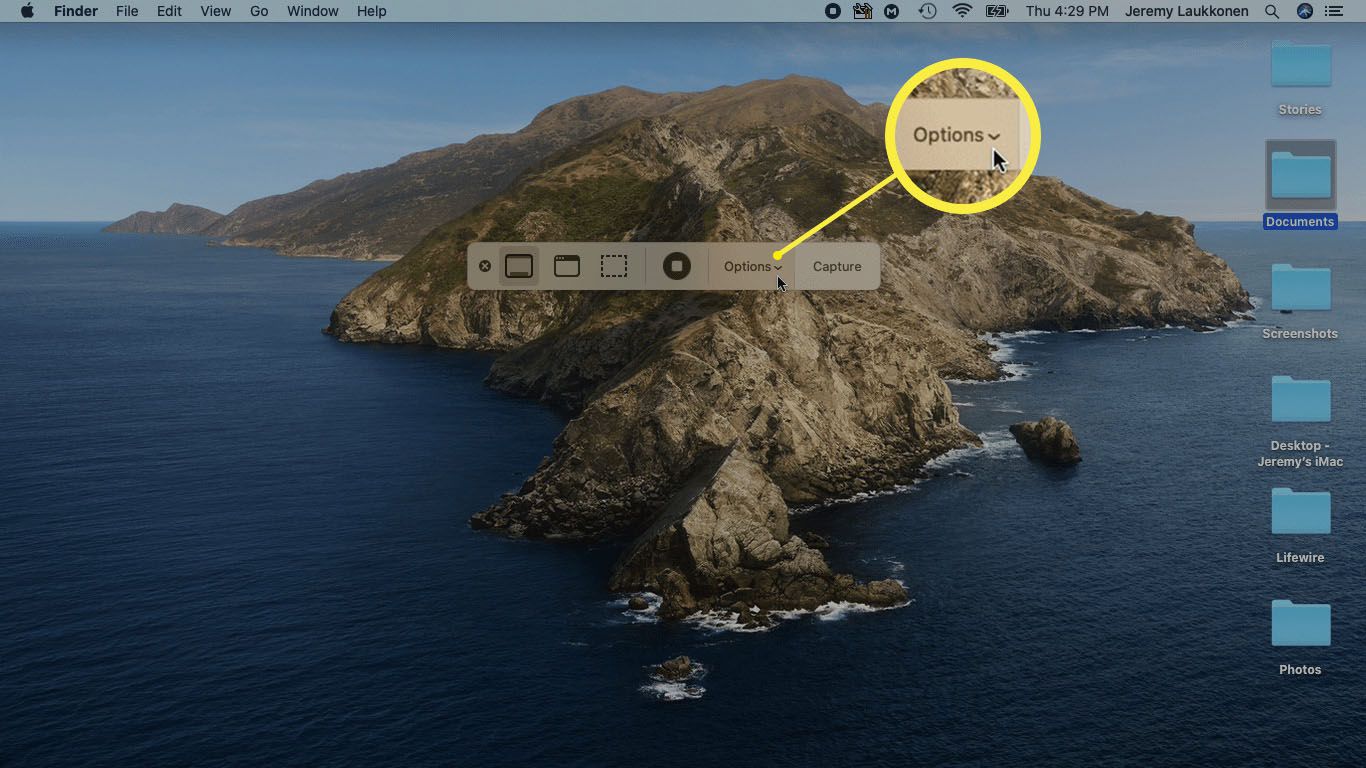O botão Opções destacado no aplicativo de captura de tela do Mac.