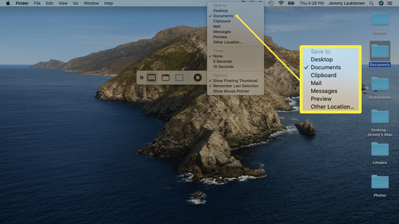 É aqui que você pode alterar o local onde sua captura de tela é salva no menu Opções do aplicativo de captura de tela do Mac.