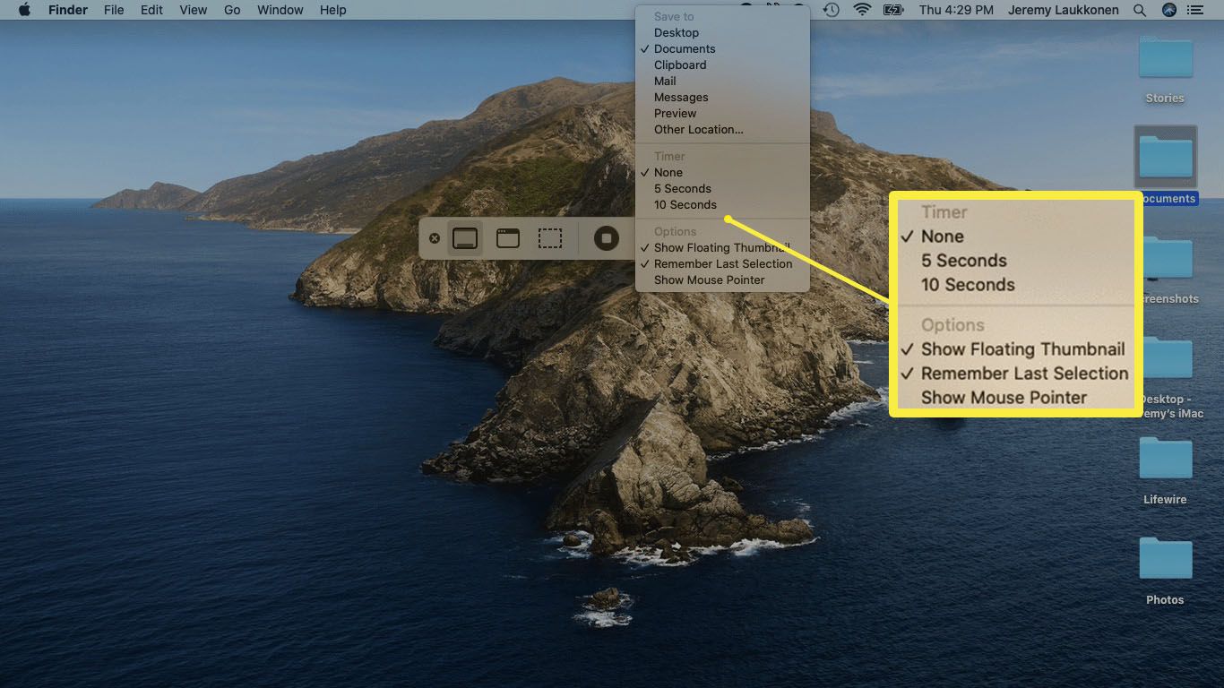 As opções disponíveis no menu Opções da ferramenta de captura de tela do Mac.