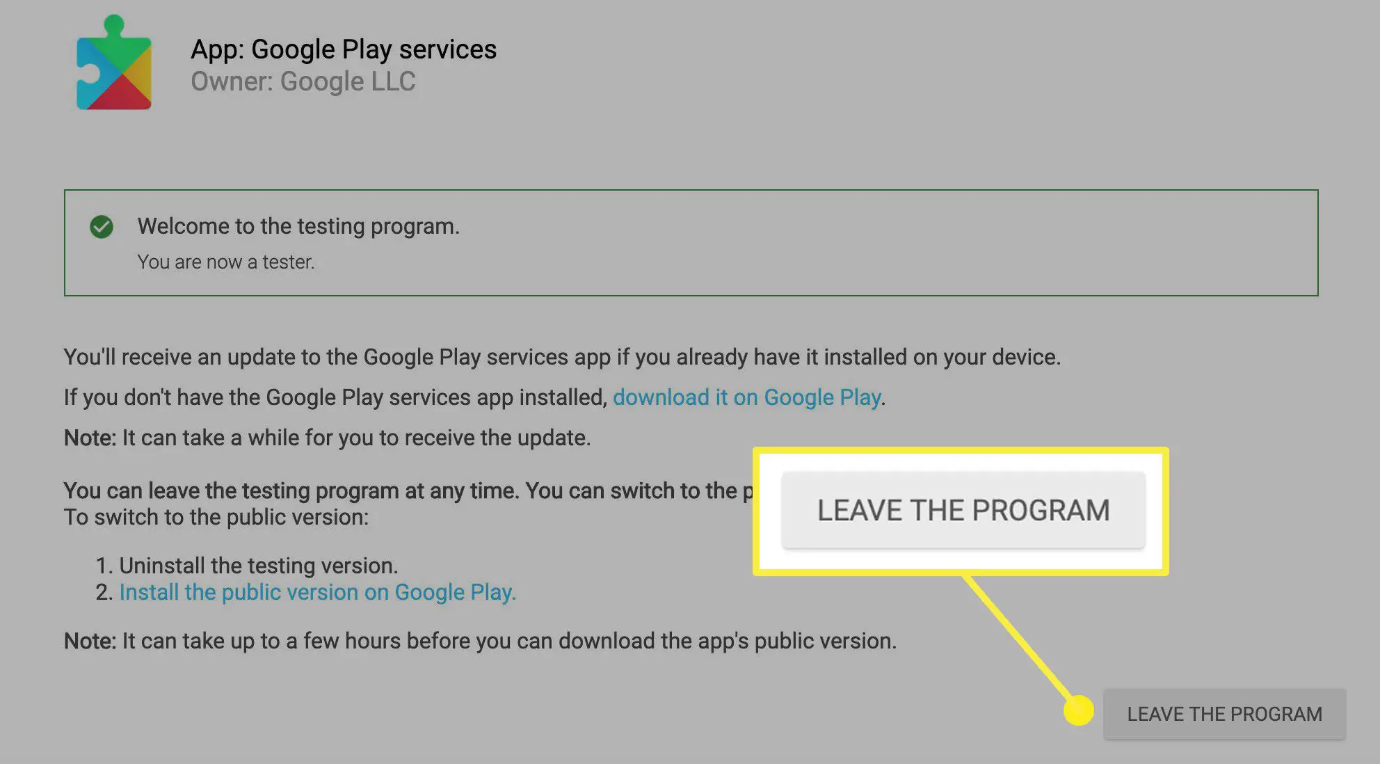 O botão para clicar para sair do programa de teste no Google Play.