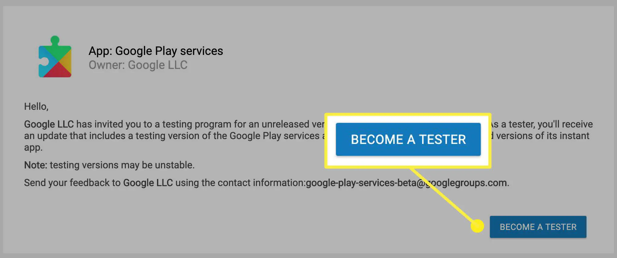 O botão para clicar para entrar no programa de teste no Google Play.