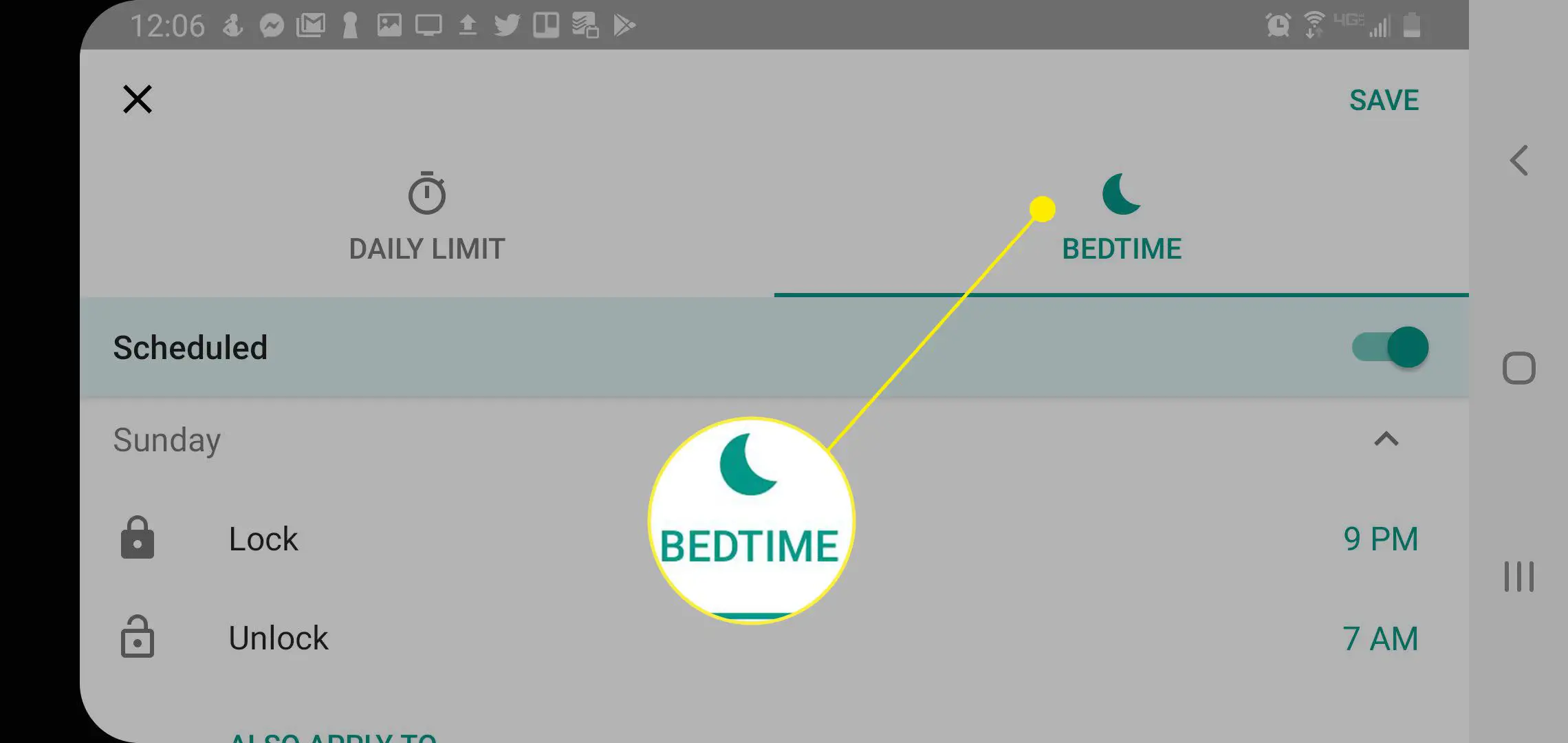 captura de tela das configurações de hora de dormir do Family Link