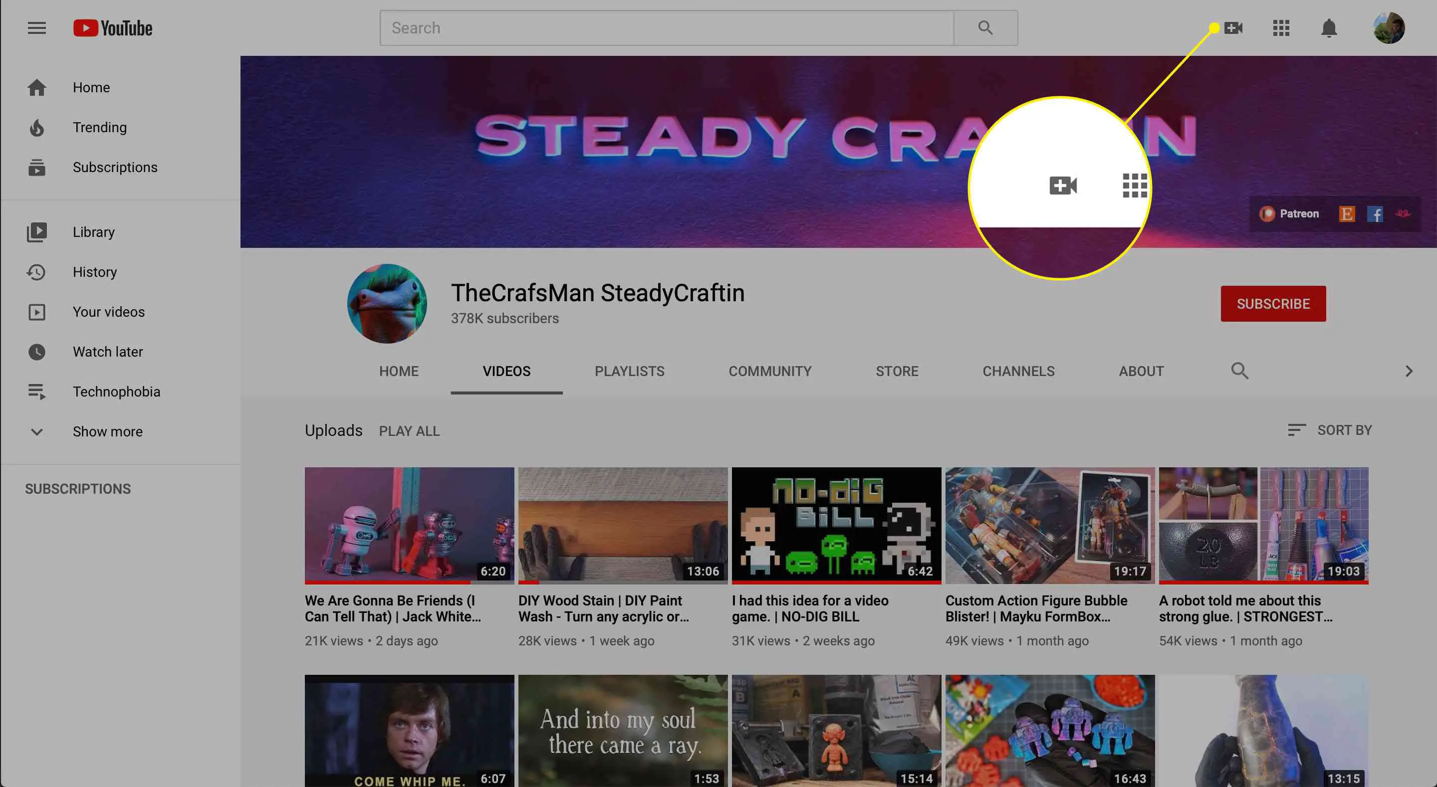 O botão Criar no YouTube