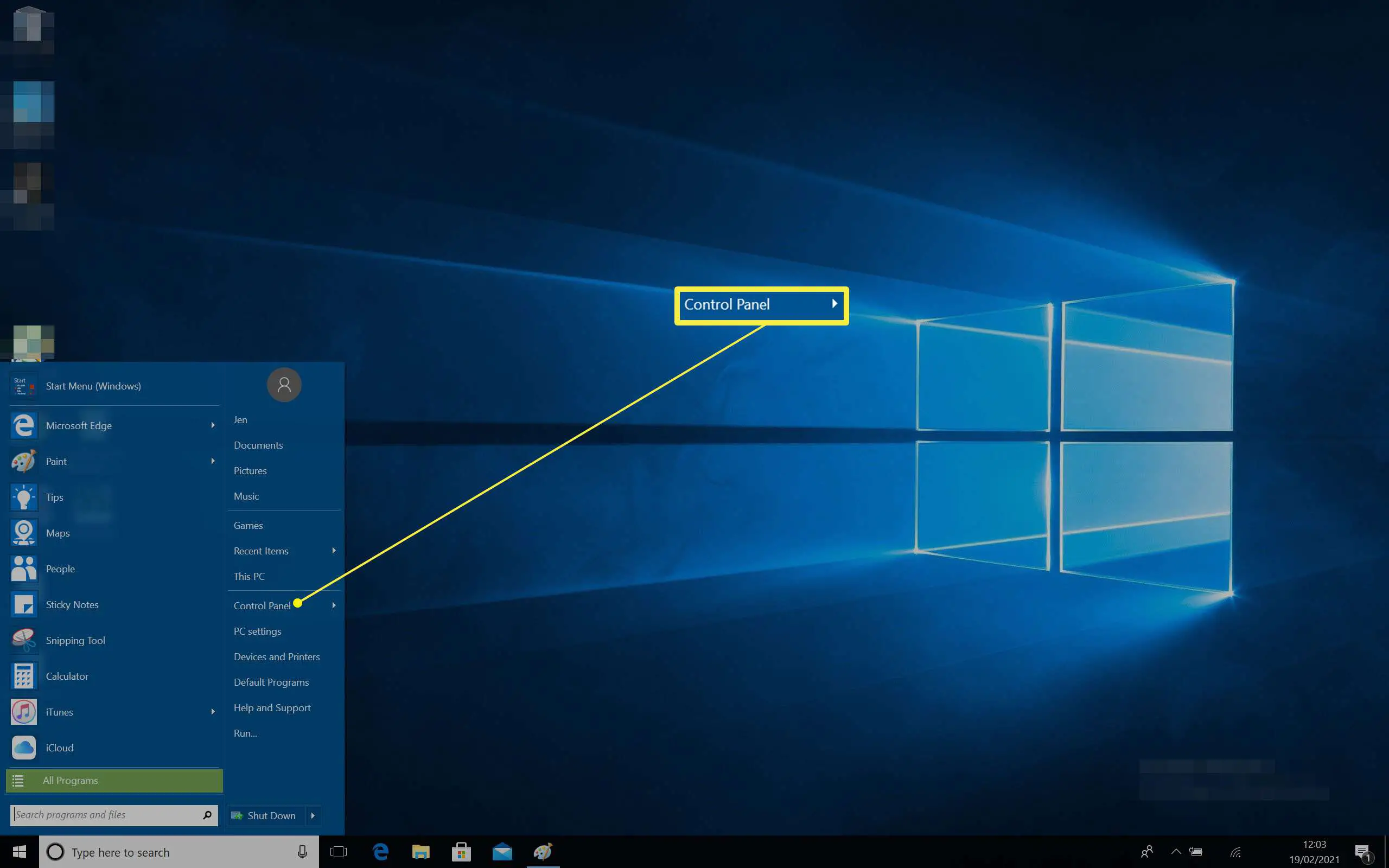 Área de trabalho do Windows 10 com o Menu Iniciar aberto e o Painel de Controle destacado 