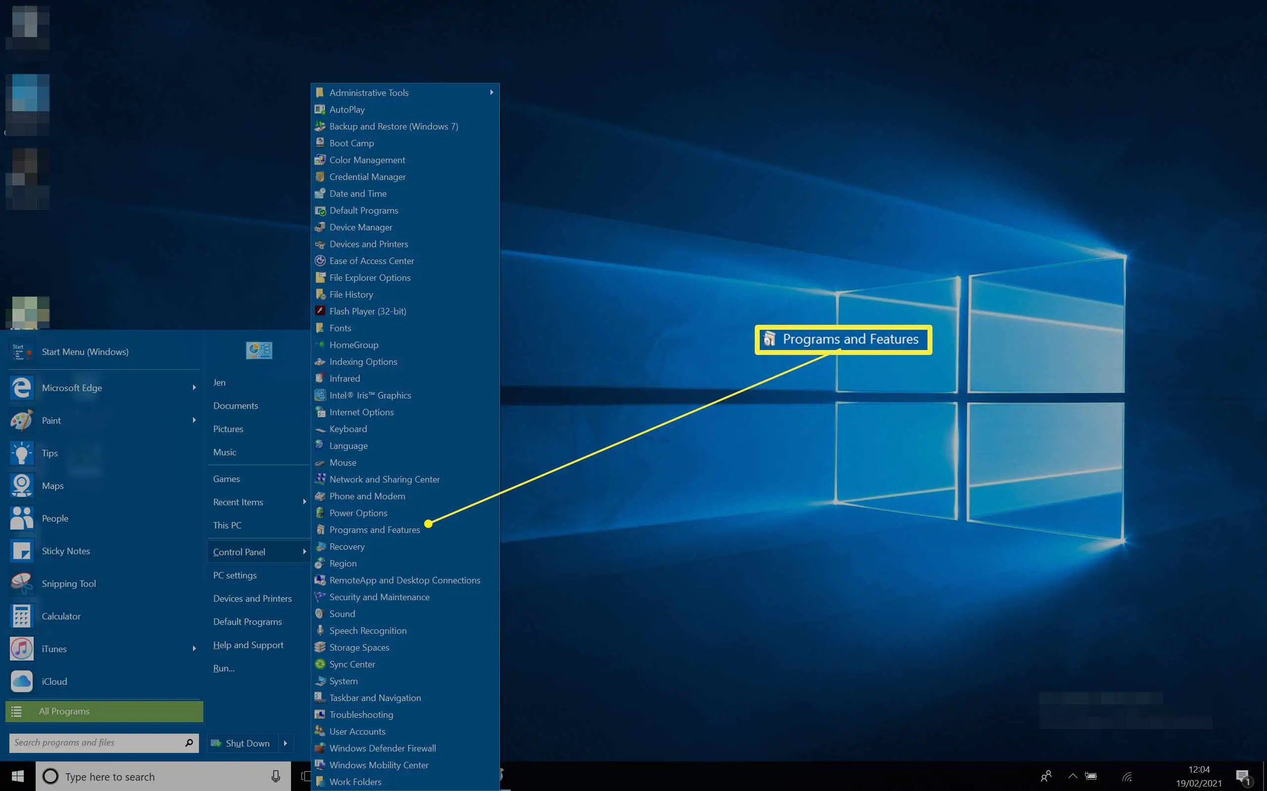 Área de trabalho do Windows 10 com menu Iniciar aberto e opções do Painel de controle listadas com programas e recursos destacados