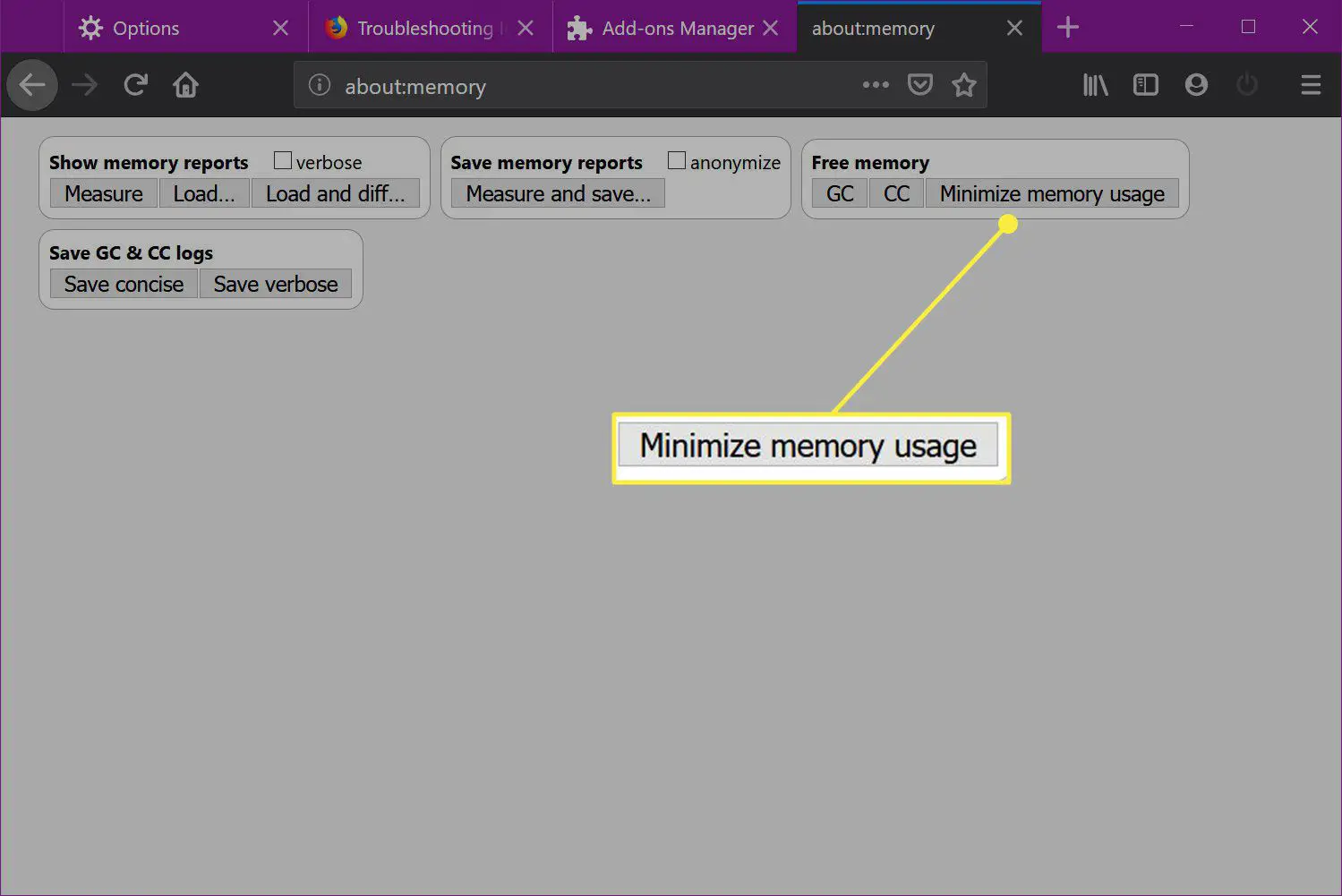 A opção "Minimizar o uso de memória" no Firefox