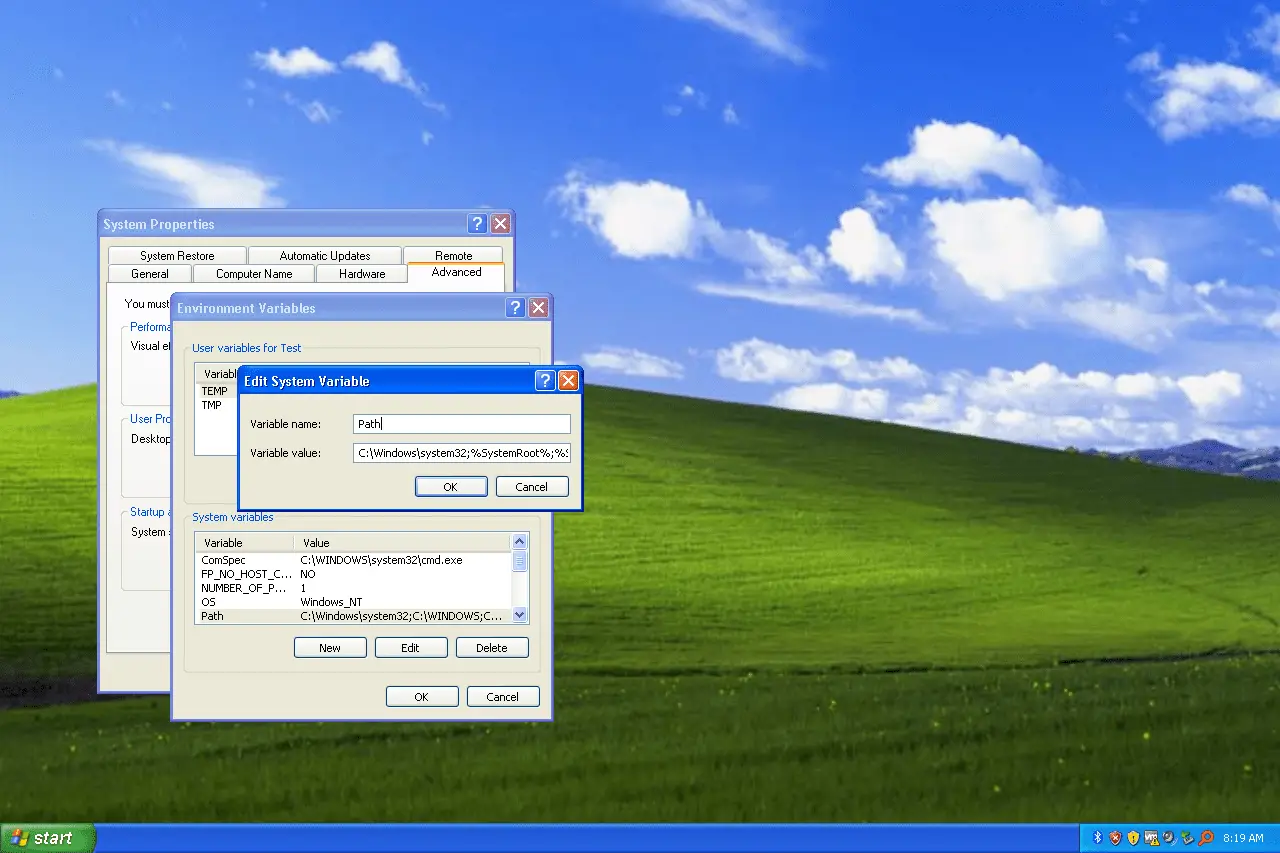 Caixa de texto variável do sistema de caminho do Windows XP