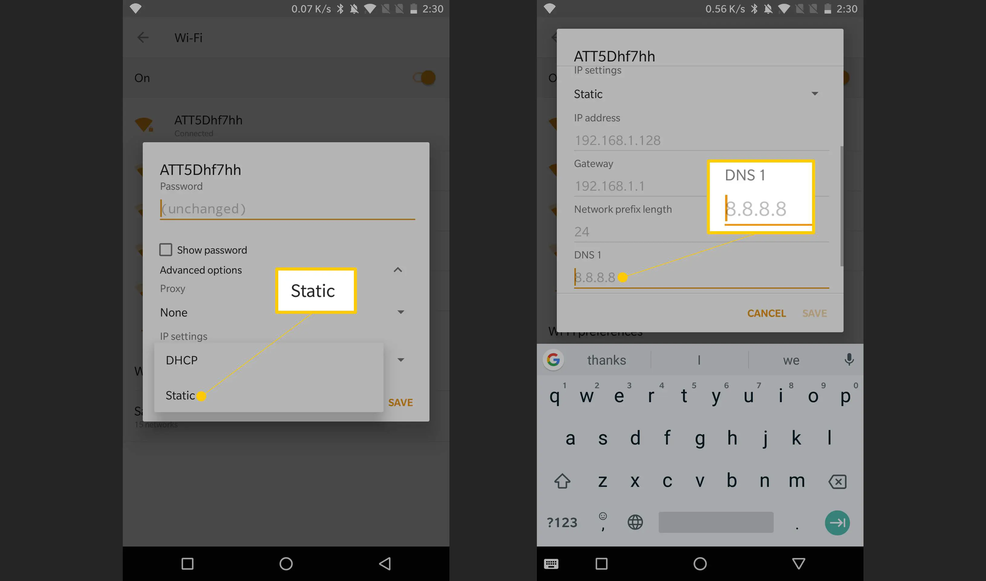 Duas telas do Android 8 mostrando áreas estáticas e DNS