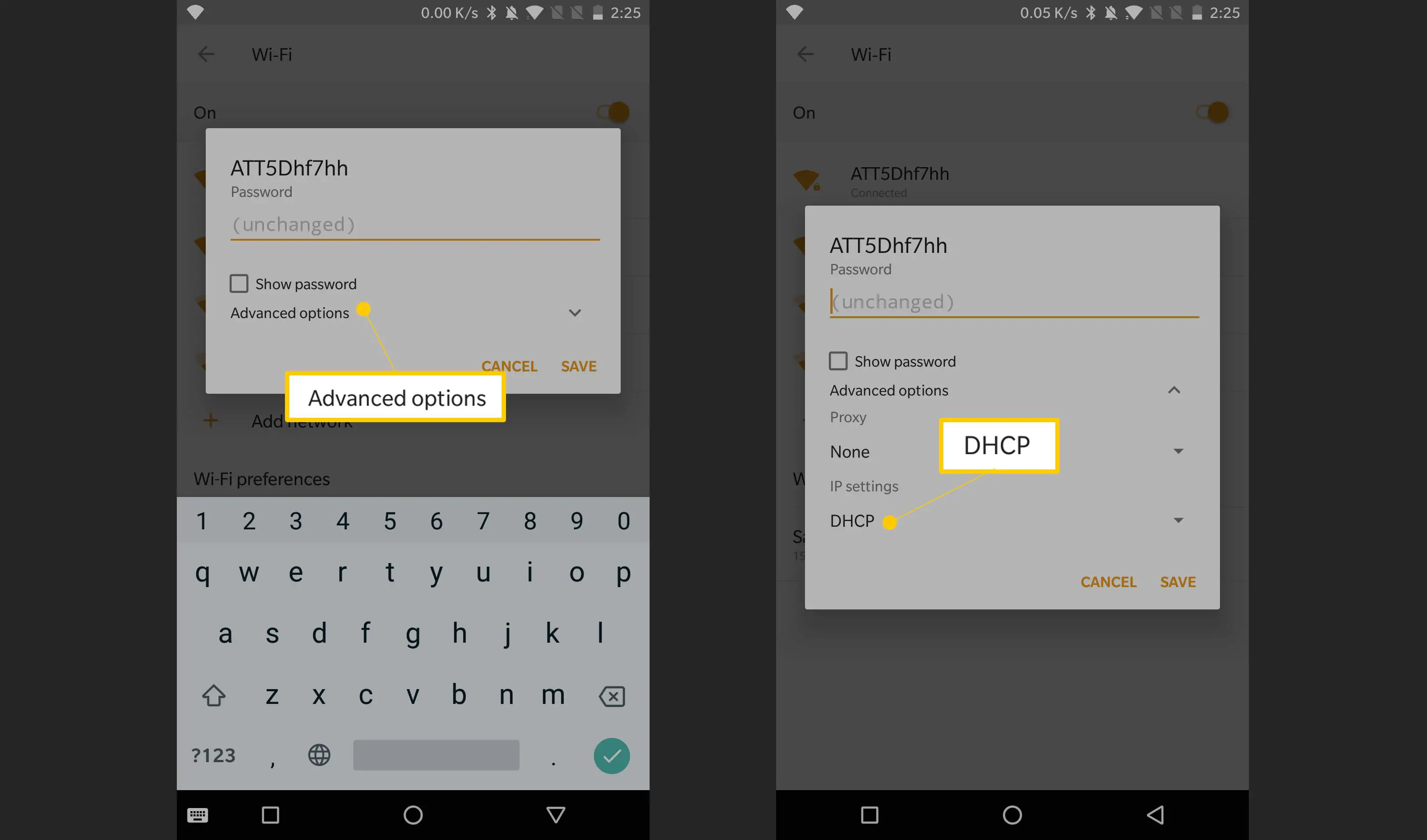 Opções avançadas, botões DHCP nas configurações do Android 8