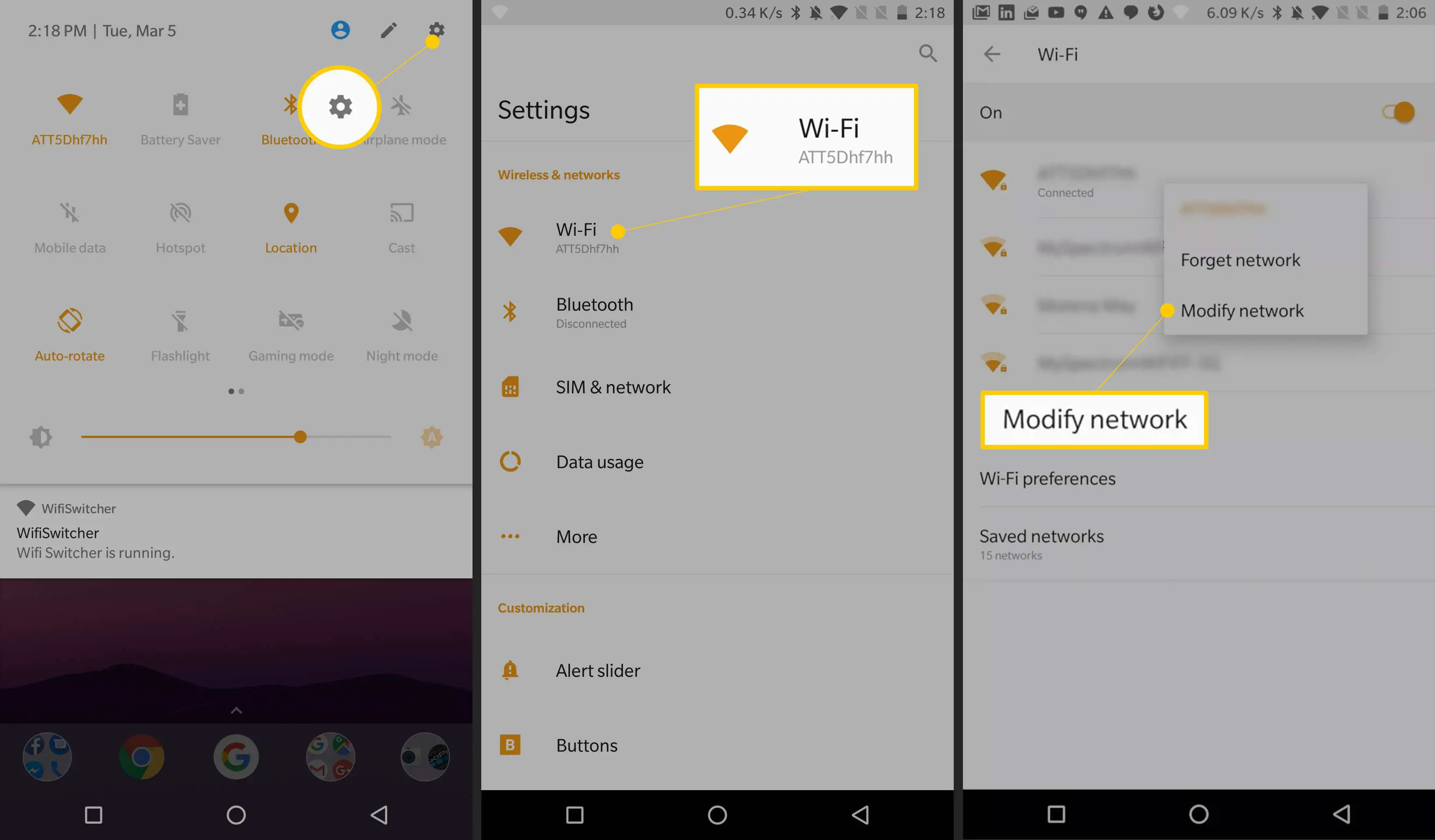 Três telas do Android 8 exibindo o ícone de engrenagem, o botão Wi-Fi e o item de menu Modificar rede