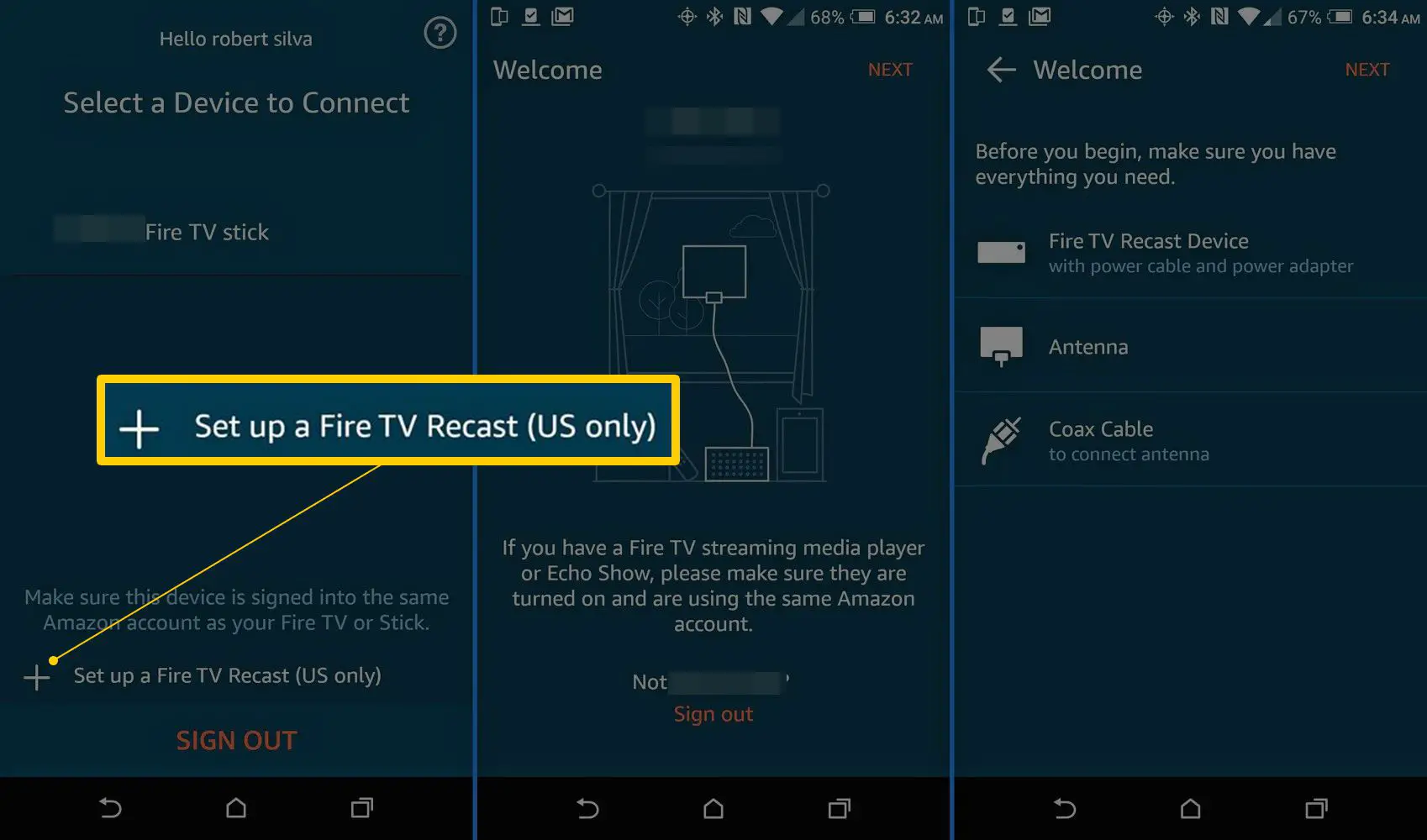 Aplicativo para smartphone Amazon Fire TV - Selecione Fire TV Recast
