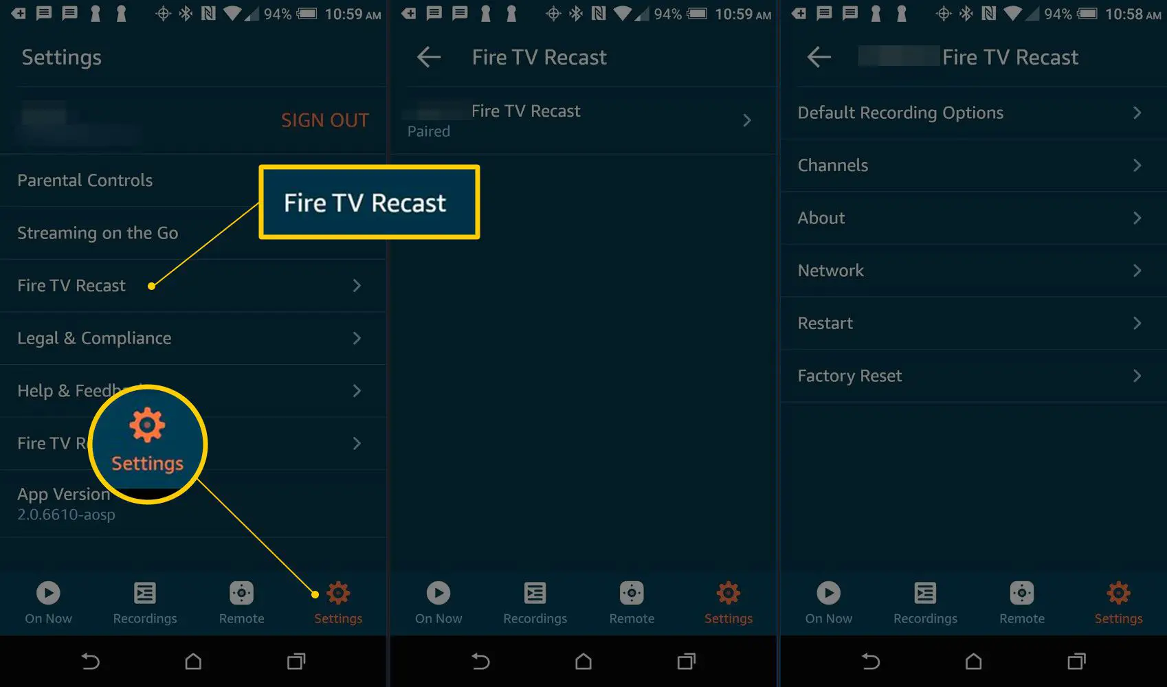 Fire TV Recast Configurações no aplicativo Fire TV para Android
