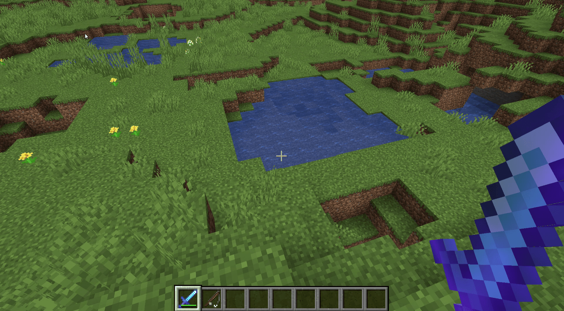 Uma captura de tela de um lago no Minecraft.