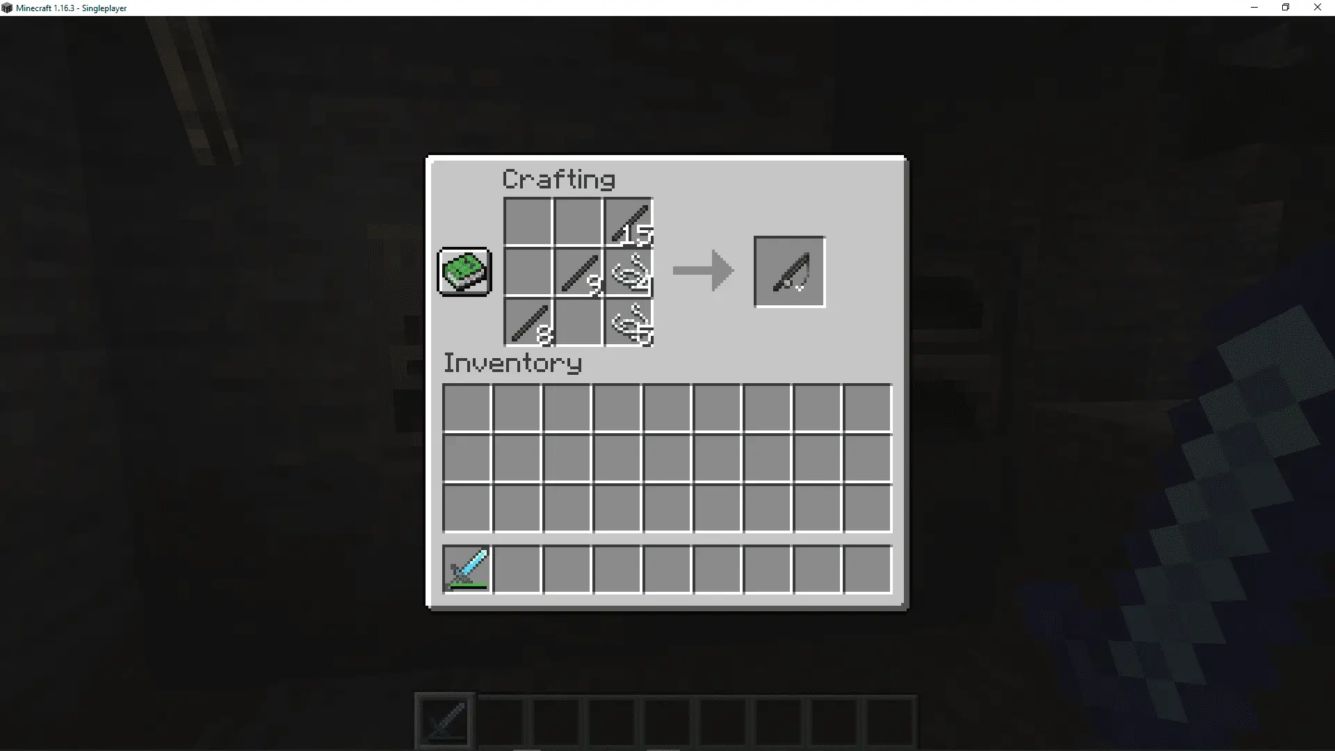 Uma captura de tela da receita da vara de pescar no Minecraft.