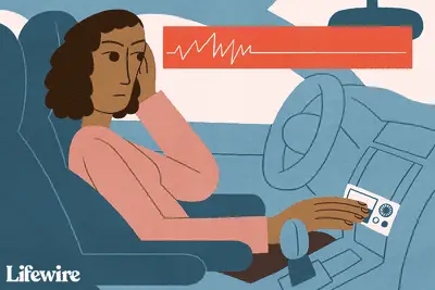 Ilustração de uma pessoa em um carro com alto-falantes que não funcionam
