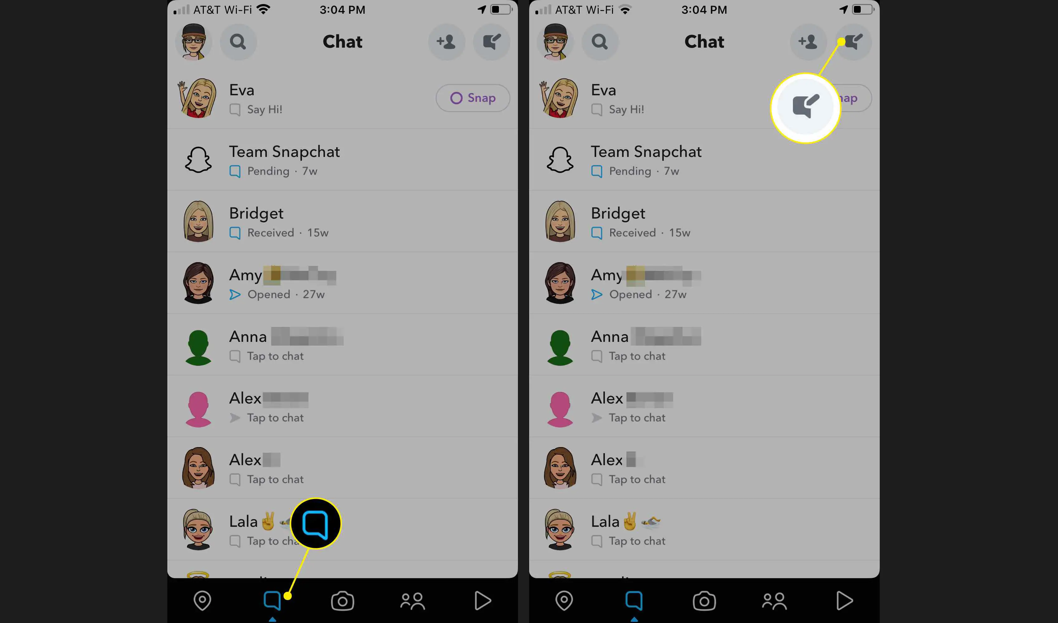 Selecione a guia Chats e o ícone Compor no Snapchat