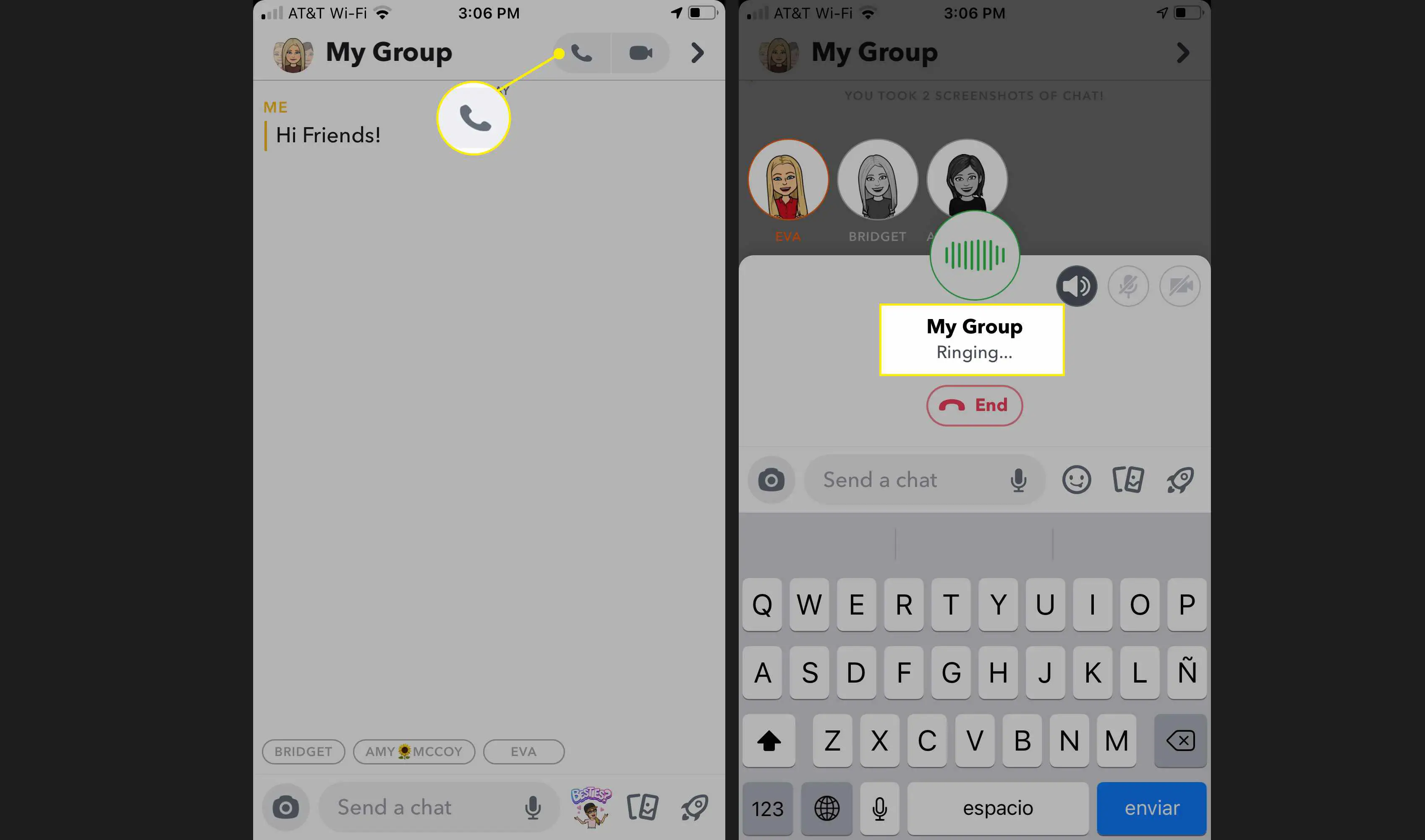 Para ligar para os membros do seu Chat de Grupo, selecione o ícone de telefone na parte superior.
