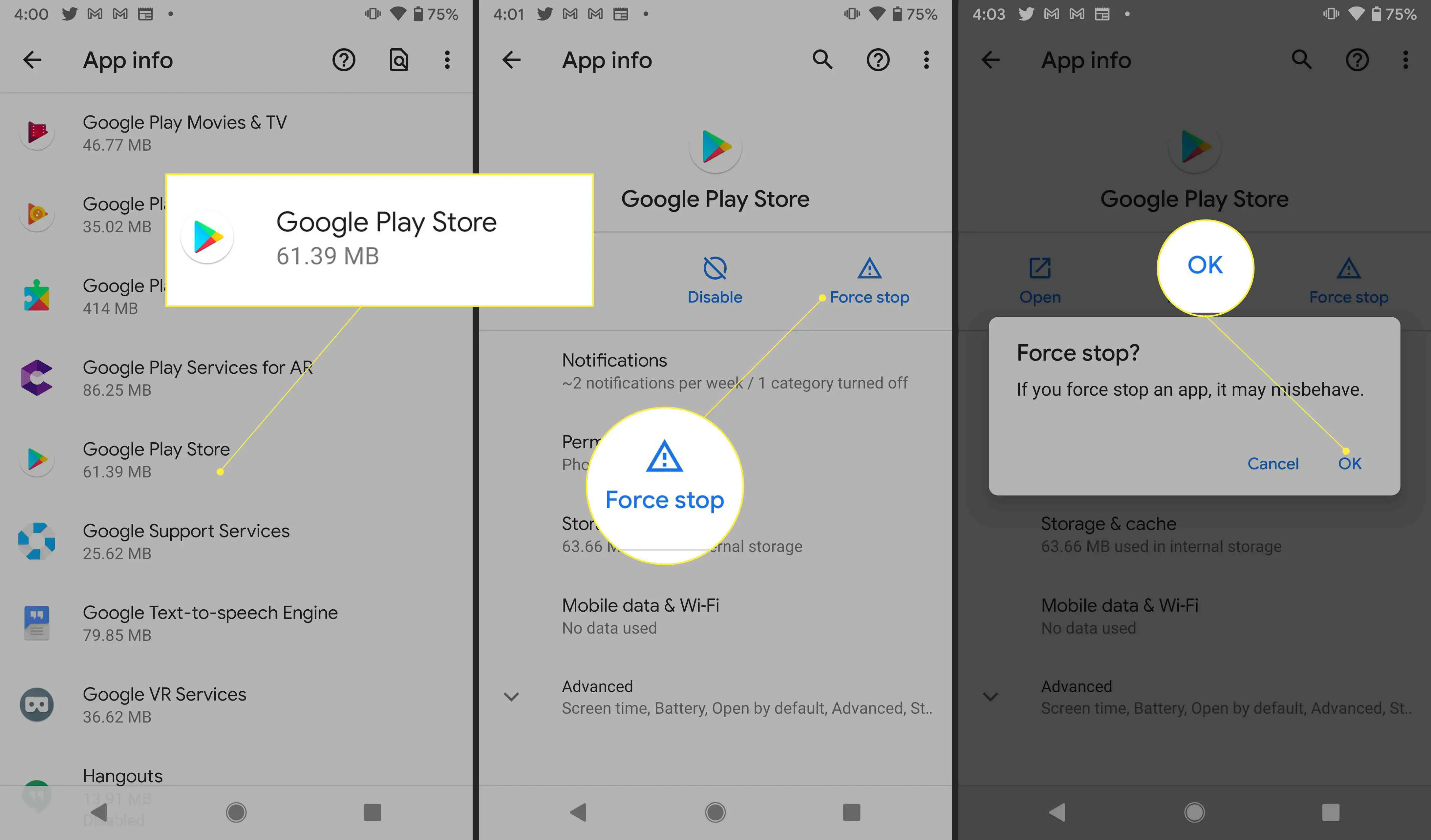 Configurações do Google Play com Forçar parada e OK destacados