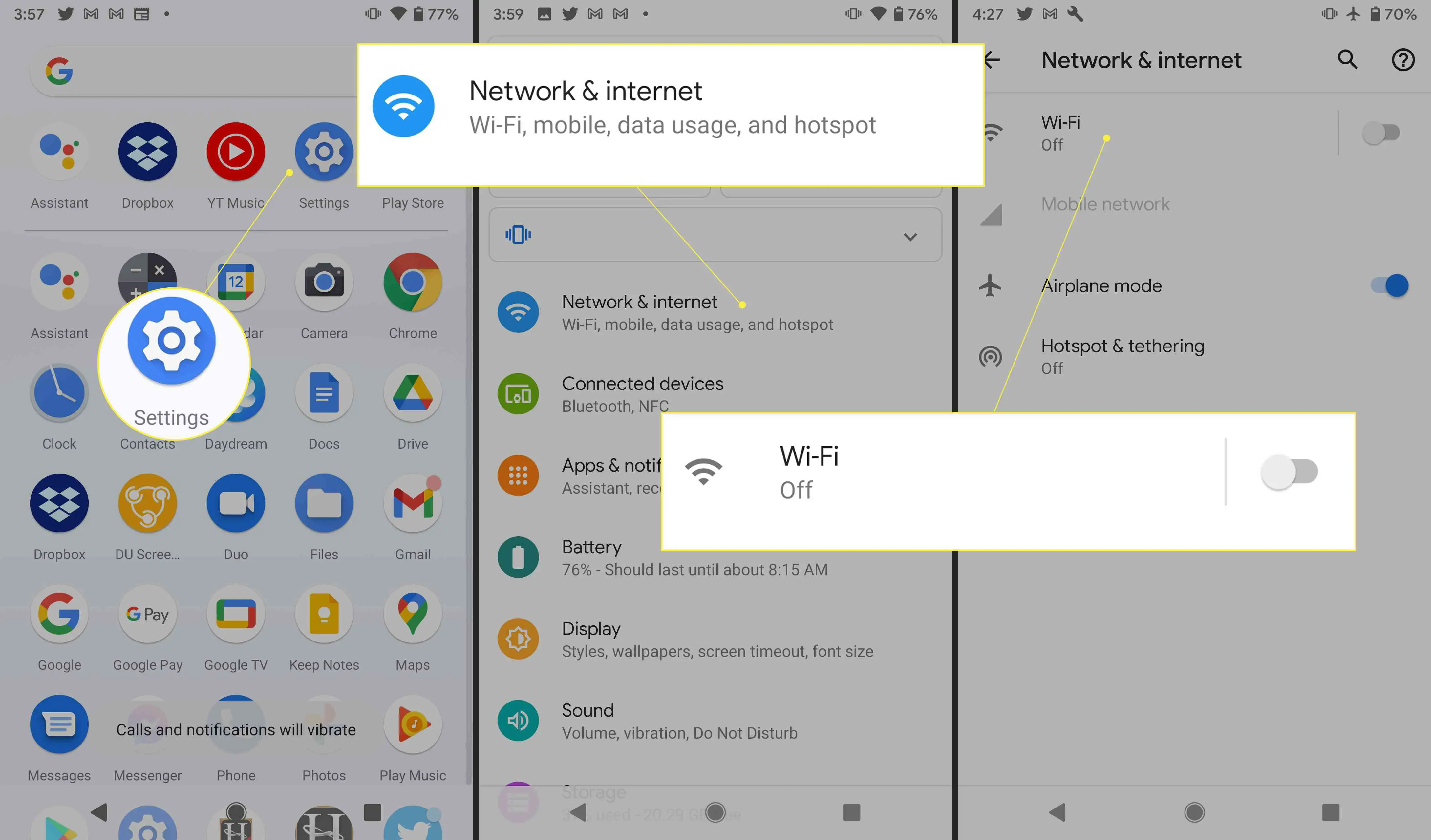 Configurações do Android com "Rede e Internet" e botão Wi-Fi destacado