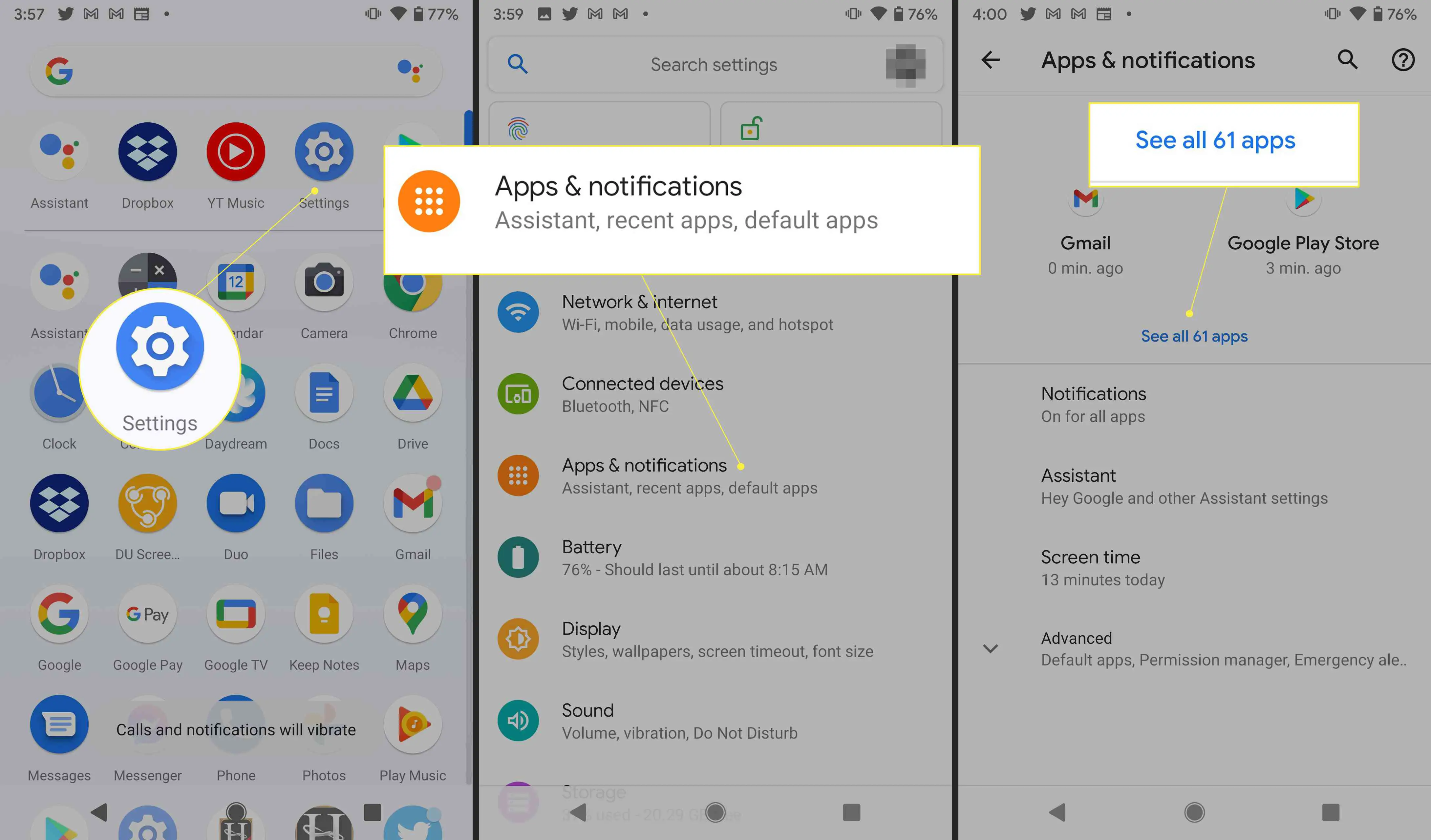 Configurações do Android com "Aplicativos e notificações" e "Ver todos os aplicativos" destacados