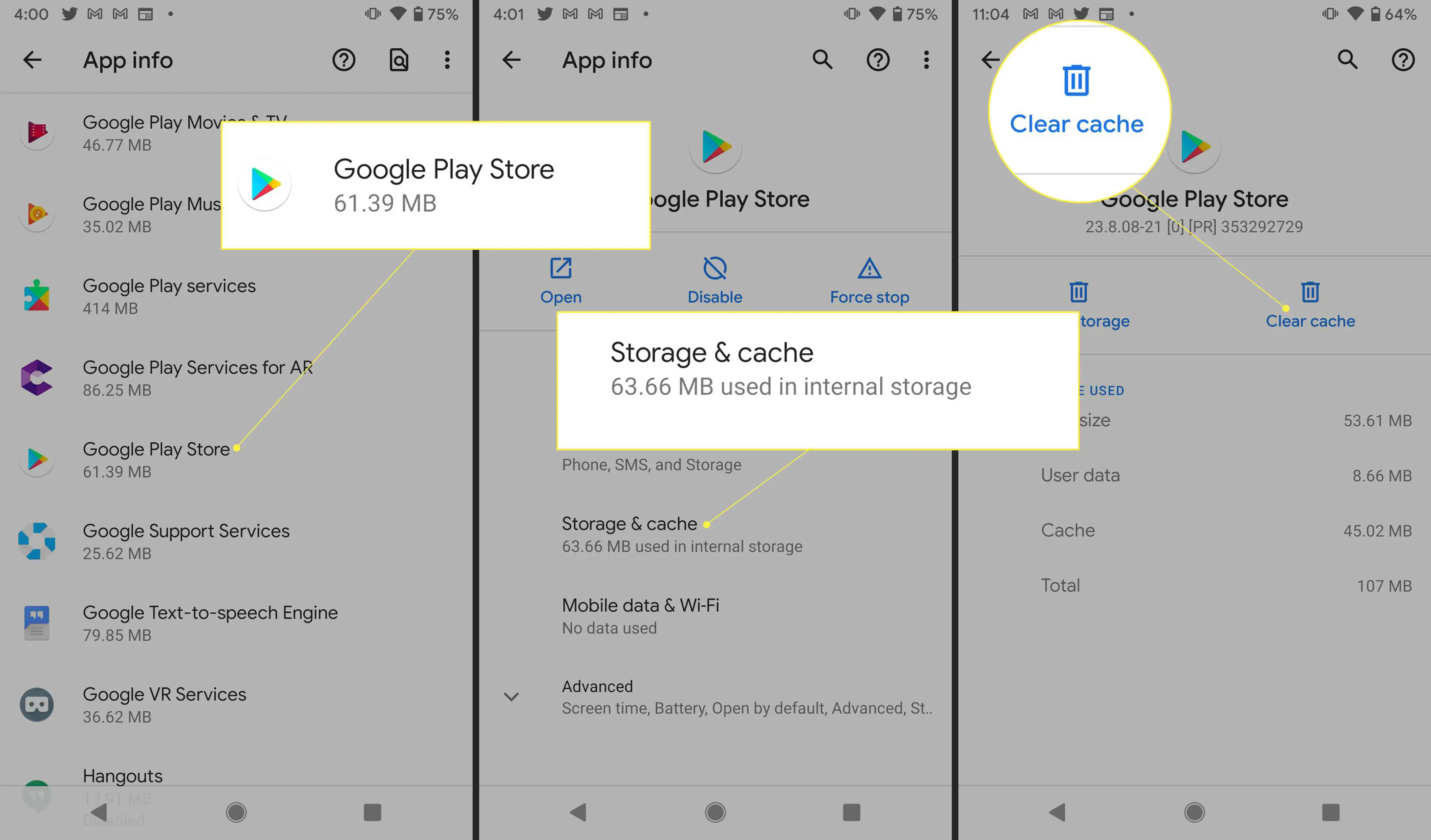 Configurações do Android com "Google Play Store", "Armazenamento e cache" e "Limpar cache" destacados