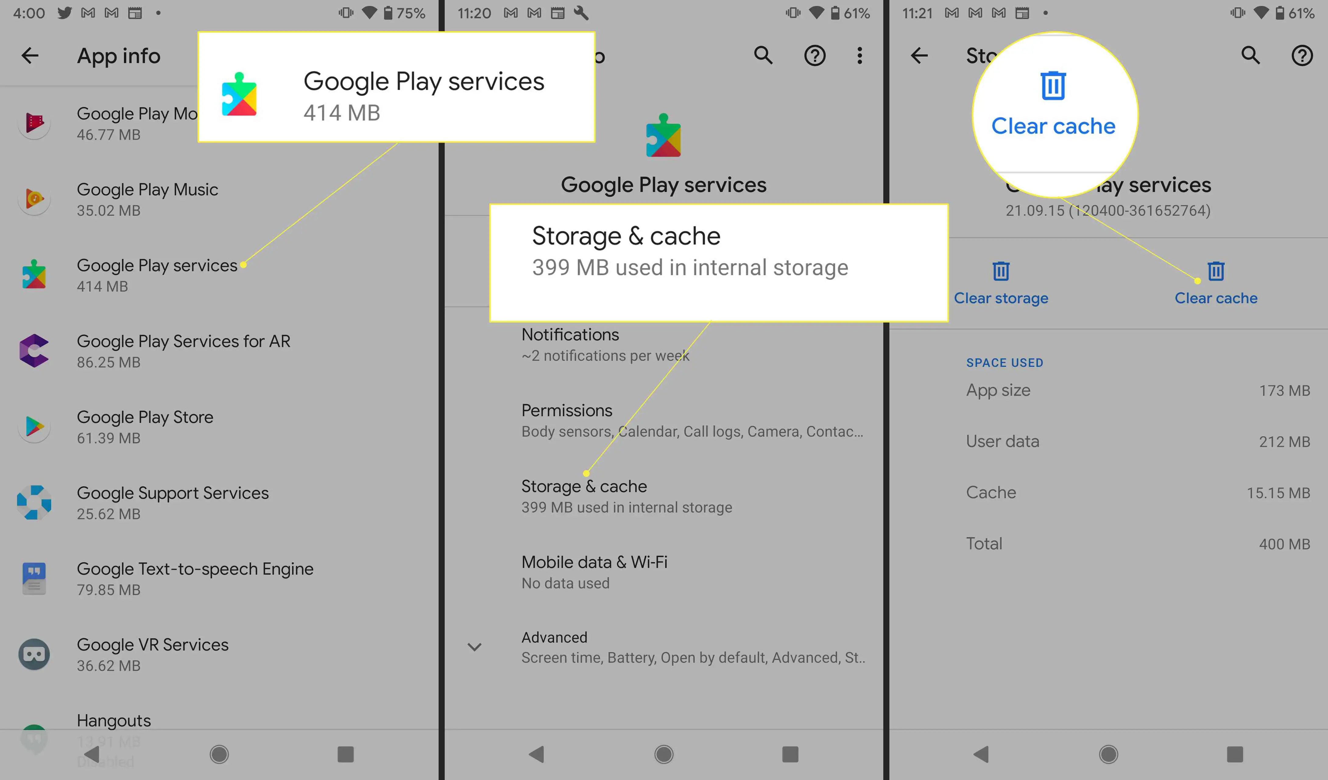 Configurações do Android com "Google Play Services", "Armazenamento e cache" e "Limpar cache" destacados