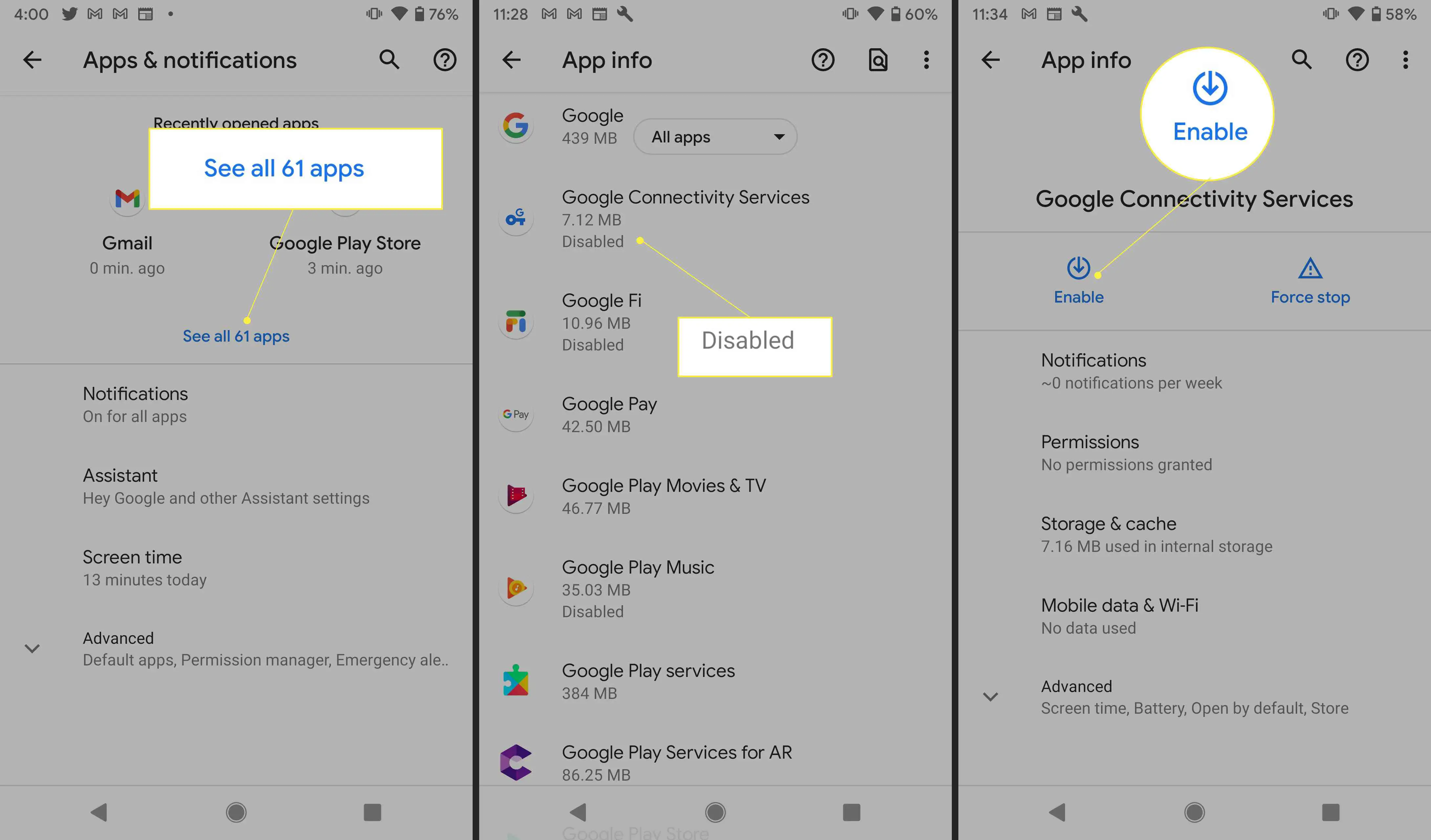 Configurações do Android com "Ver todos os aplicativos", "Desativado" e "Ativado" destacado